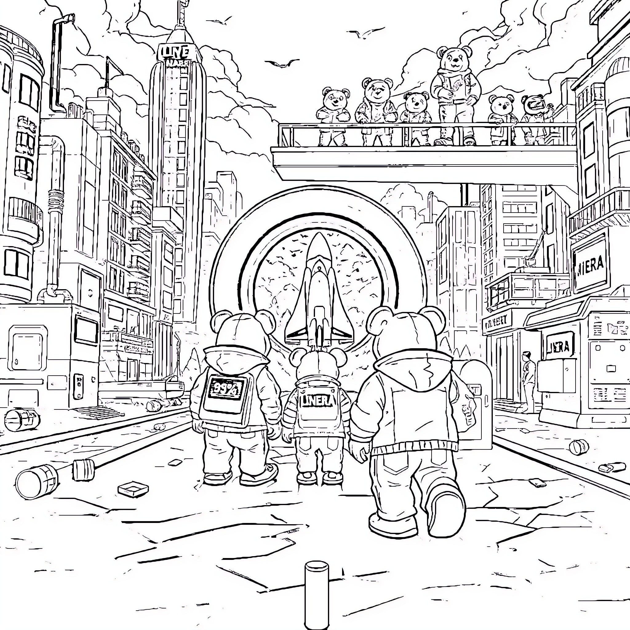 Bear Astronauts Exploring Futuristic City Coloring Page (free black-and-white line drawing printable PDF for all, from beginners to advanced learners, including children, teens, adults, and seniors)