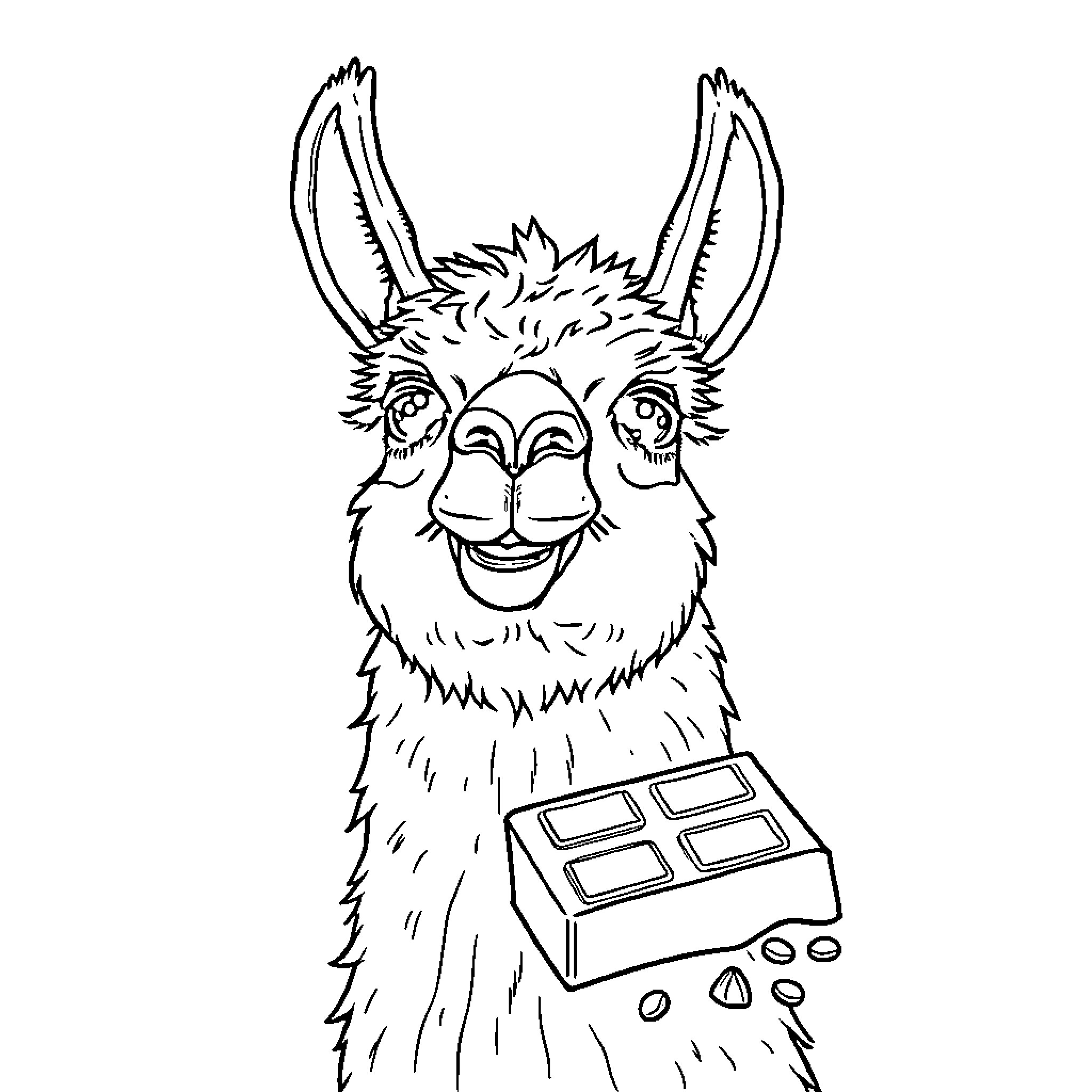 Alpaca enjoying a sweet treat Coloring Page (free black-and-white line drawing printable PDF for all, from beginners to advanced learners, including children, teens, adults, and seniors)