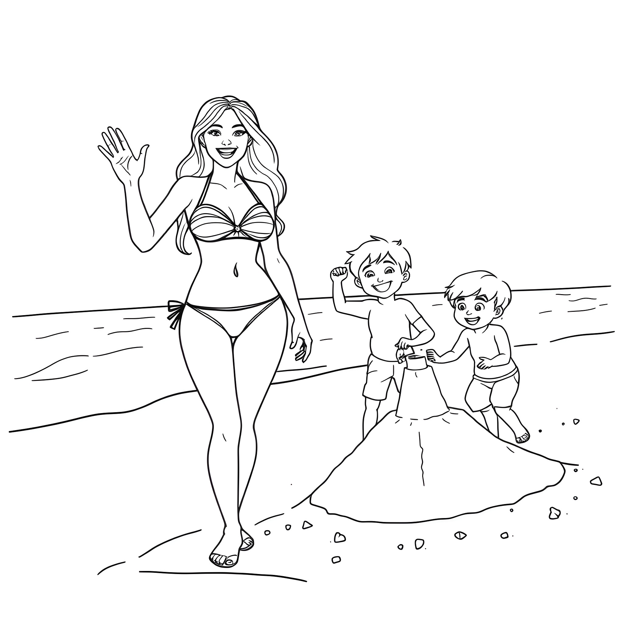 Mother and Children Playing at the Beach Coloring Page (free black-and-white line drawing printable PDF for all, from beginners to advanced learners, including children, teens, adults, and seniors)