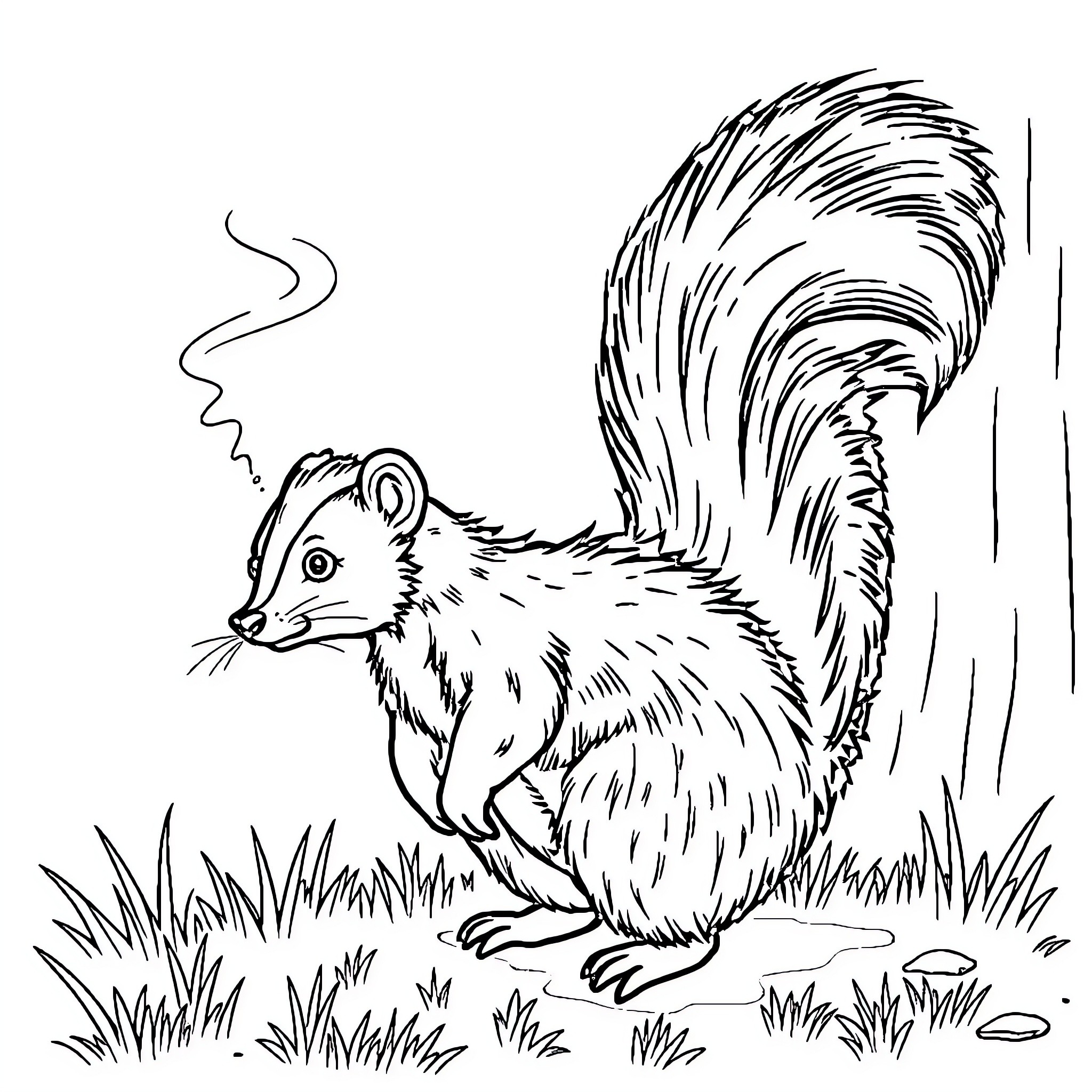 Skunk sniffing curiously in the grass Coloring Page (free black-and-white line drawing printable PDF for all, from beginners to advanced learners, including children, teens, adults, and seniors)