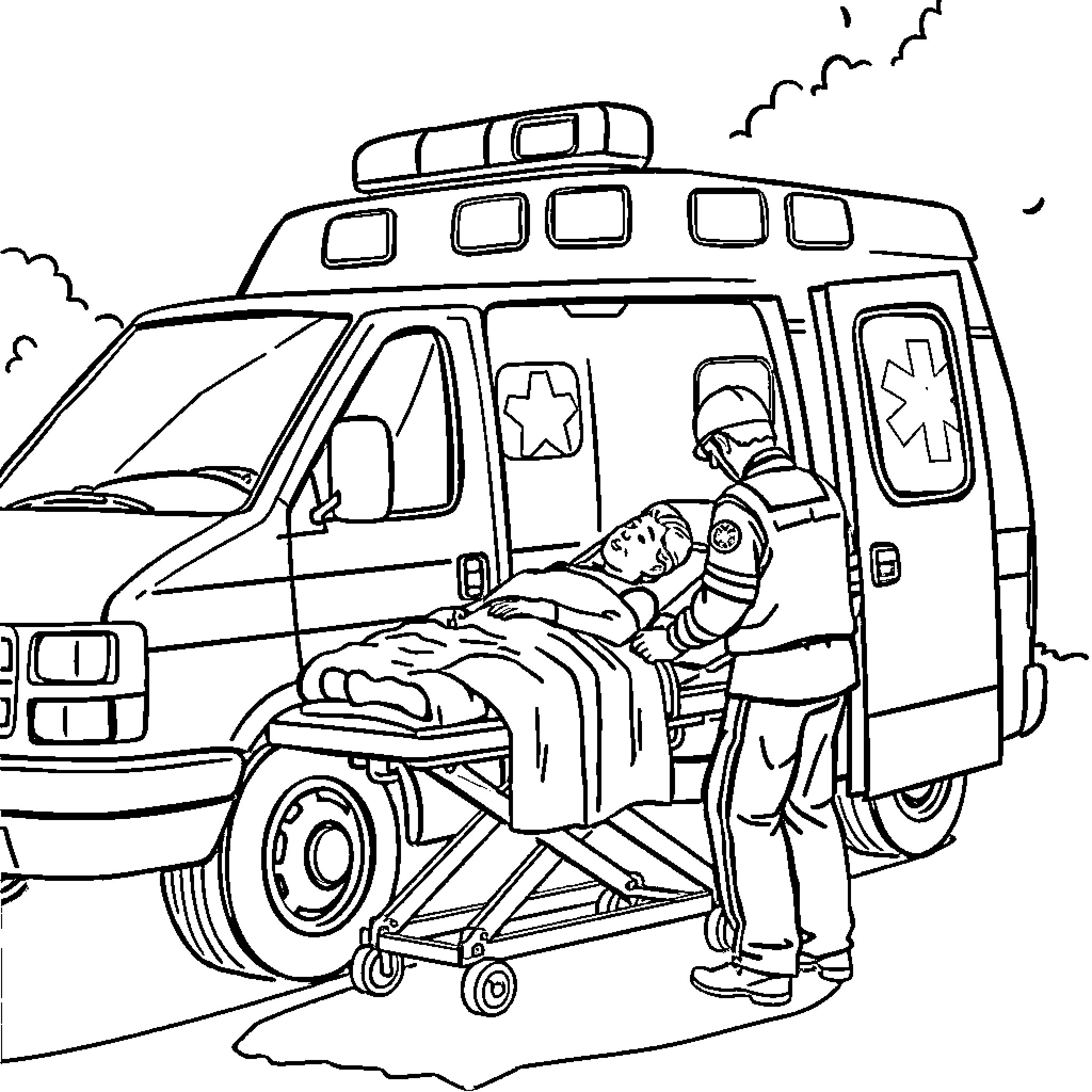 Ambulance crew attending to injured person Coloring Page (free black-and-white line drawing printable PDF for all, from beginners to advanced learners, including children, teens, adults, and seniors)