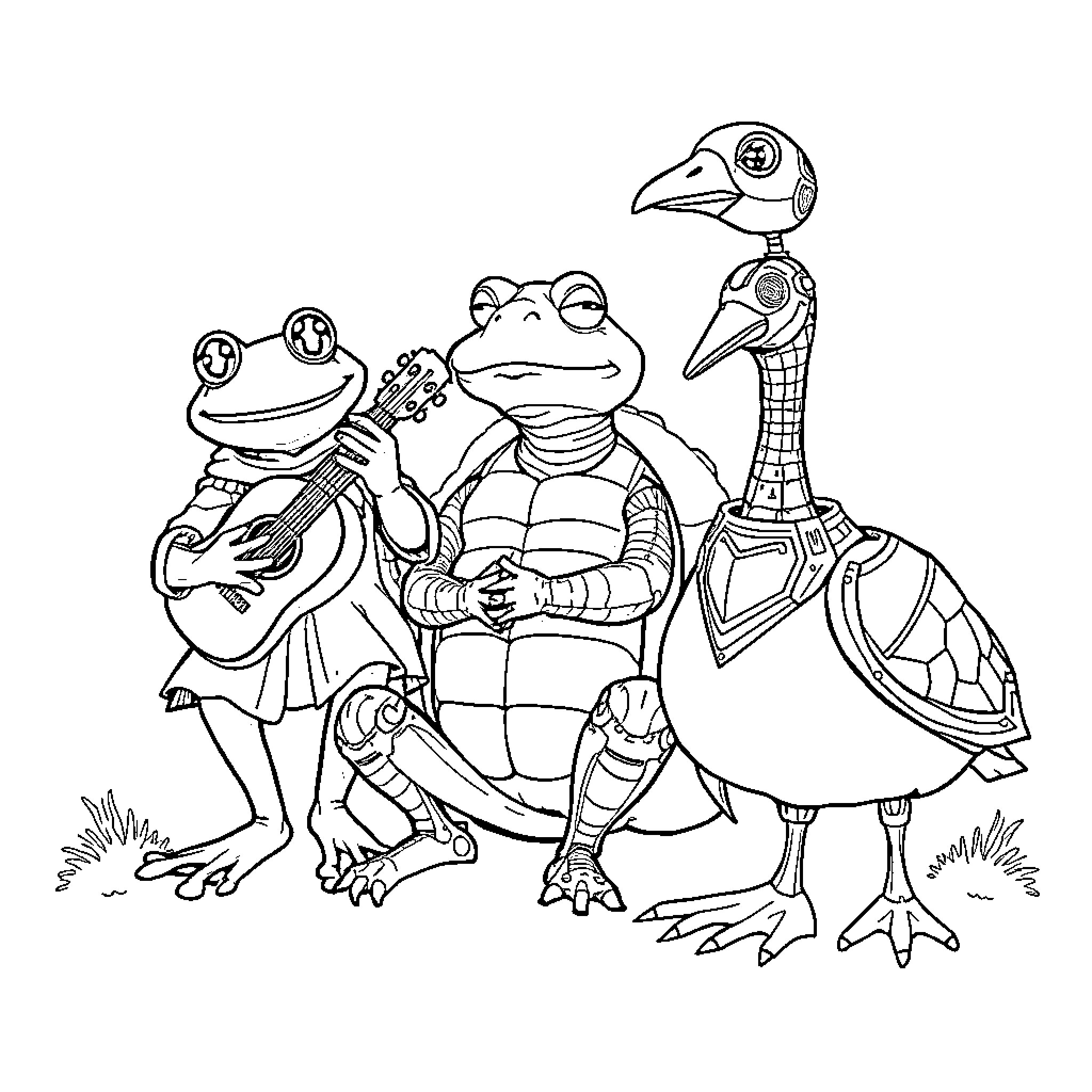 Frog friends in whimsical outfits Coloring Page (free black-and-white line drawing printable PDF for all, from beginners to advanced learners, including children, teens, adults, and seniors)