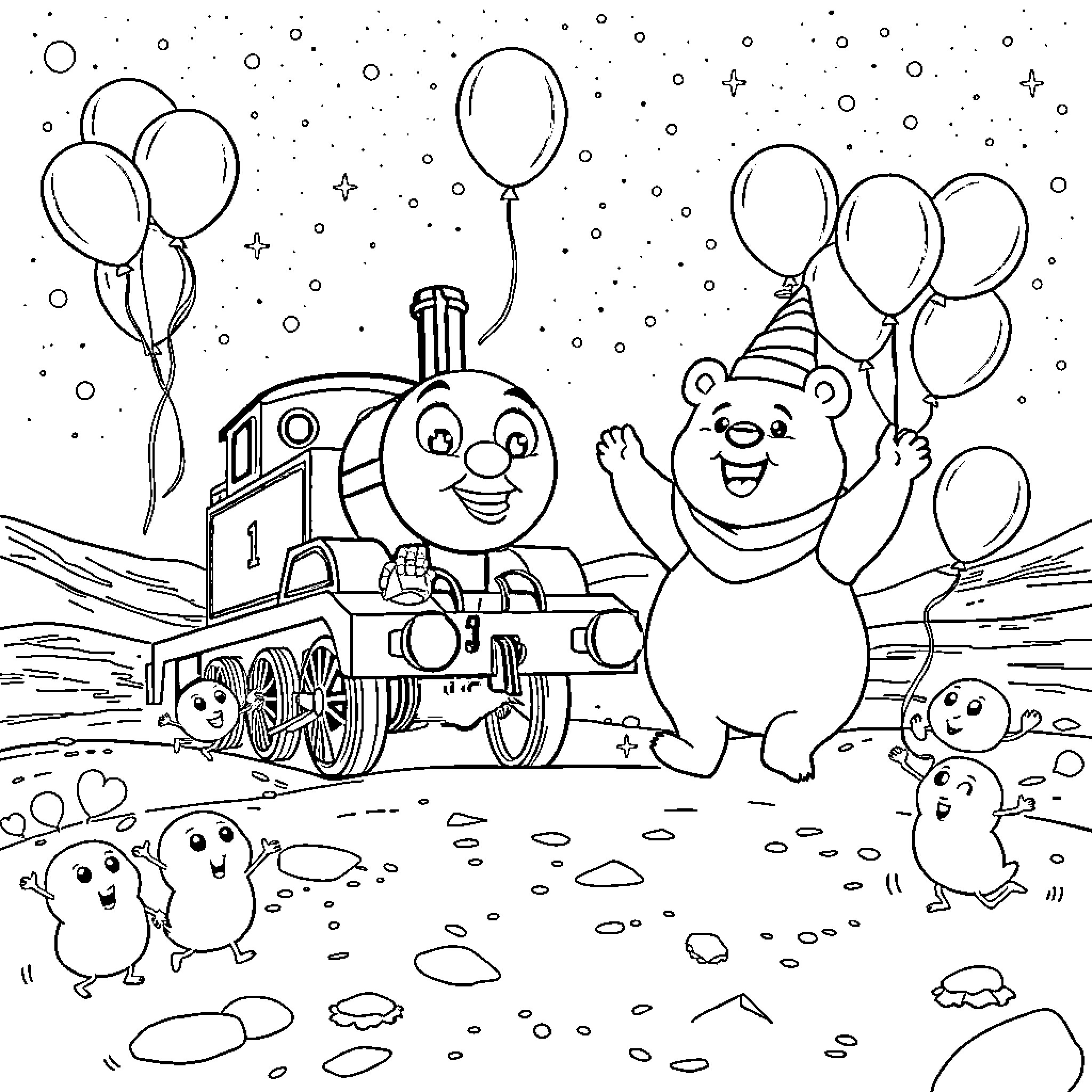 Thomas the Tank Engine Celebrating with Balloons and Friends Coloring Page (free black-and-white line drawing printable PDF for all, from beginners to advanced learners, including children, teens, adults, and seniors)