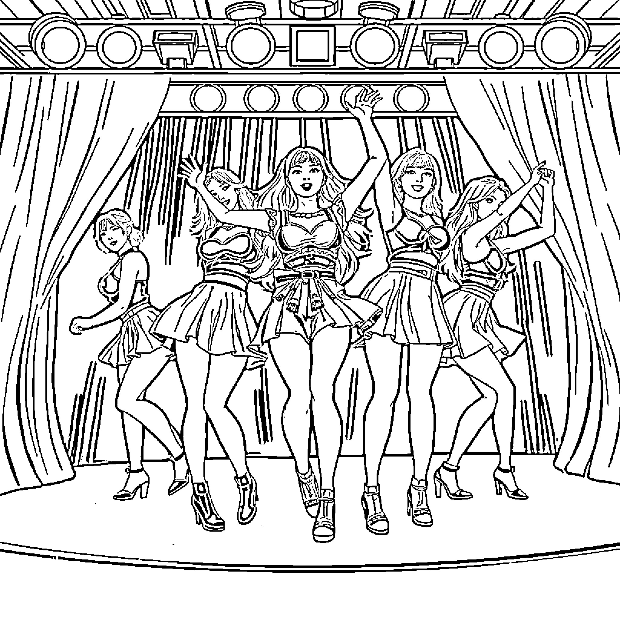 Kpop Performers on a Colorful Stage Coloring Page (free black-and-white line drawing printable PDF for all, from beginners to advanced learners, including children, teens, adults, and seniors)