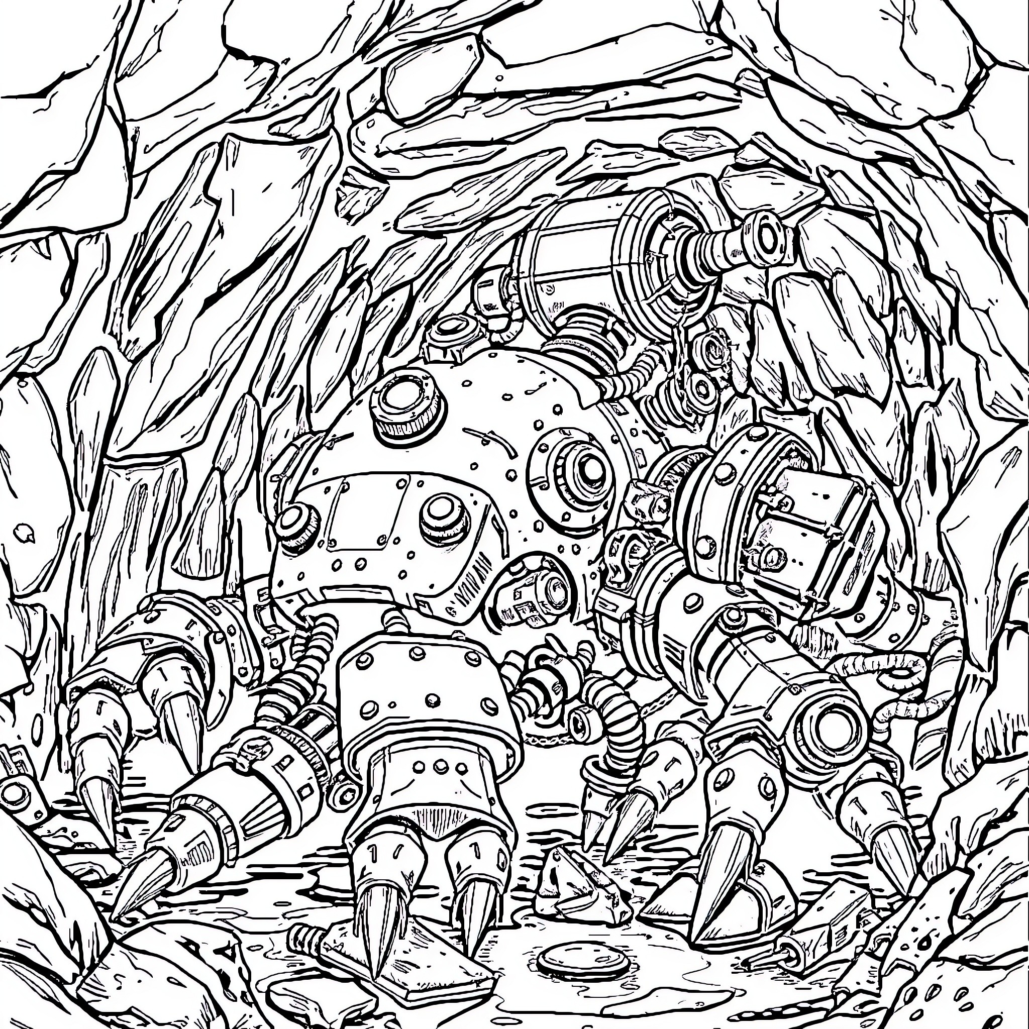 ClankER Machinery Concealed in Mysterious Cave Coloring Page (free black-and-white line drawing printable PDF for all, from beginners to advanced learners, including children, teens, adults, and seniors)