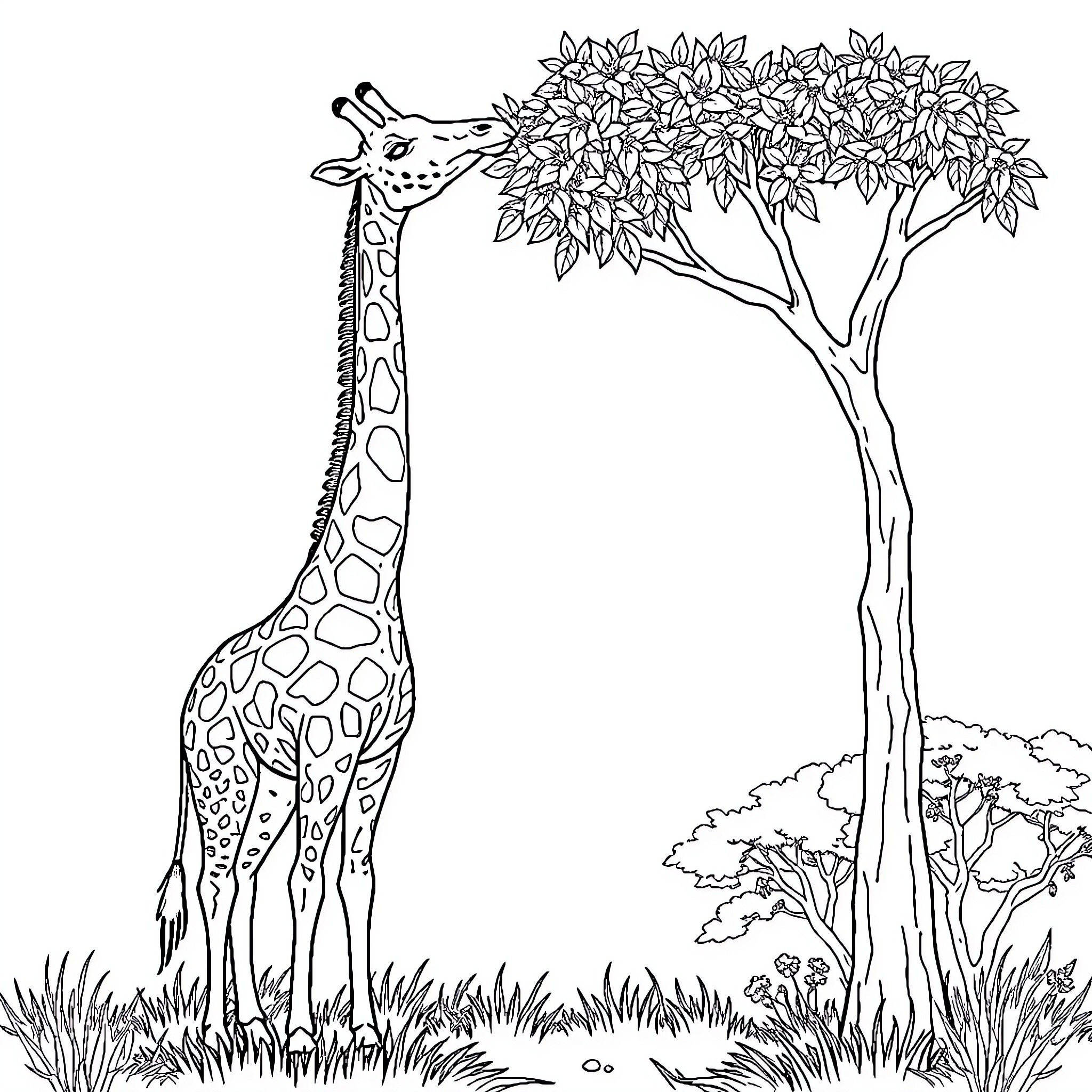 Giraffe standing under a flowery tree in the wild Coloring Page (free black-and-white line drawing printable PDF for all, from beginners to advanced learners, including children, teens, adults, and seniors)