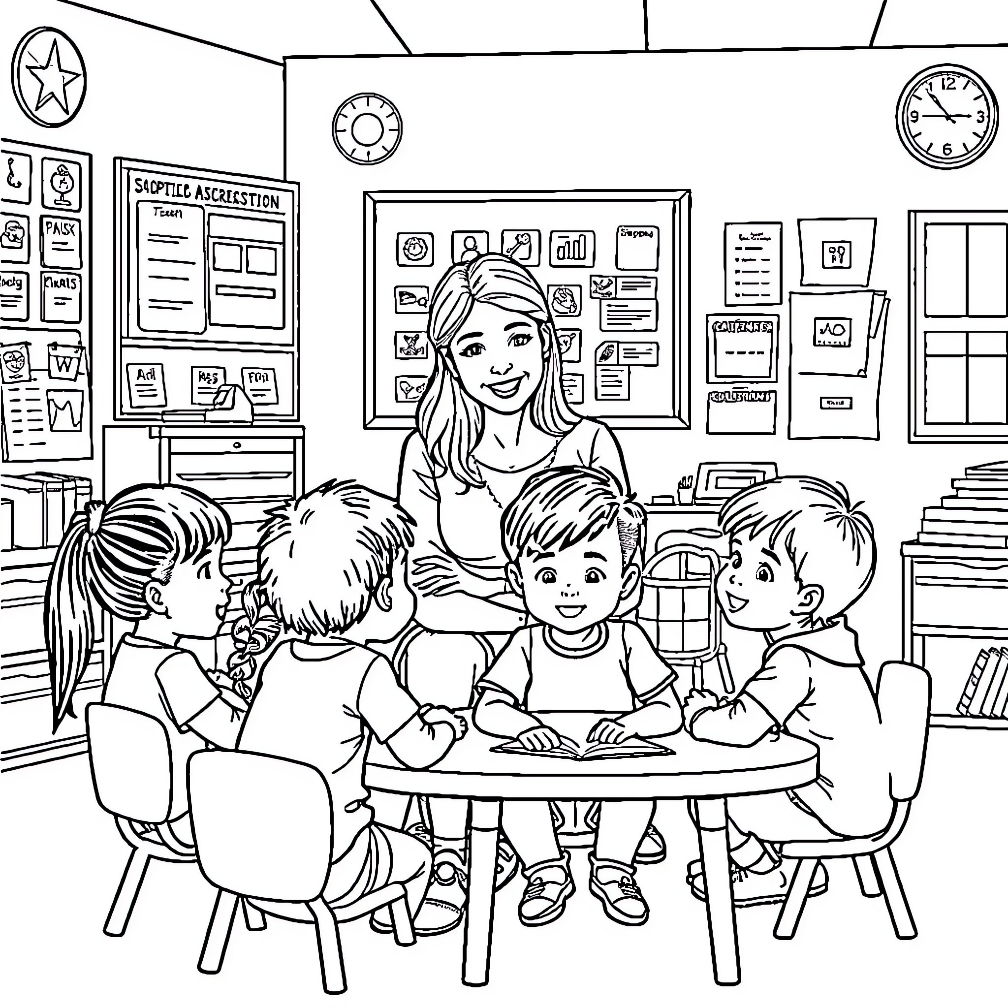 Teacher leading students in classroom activities Coloring Page (free black-and-white line drawing printable PDF for all, from beginners to advanced learners, including children, teens, adults, and seniors)
