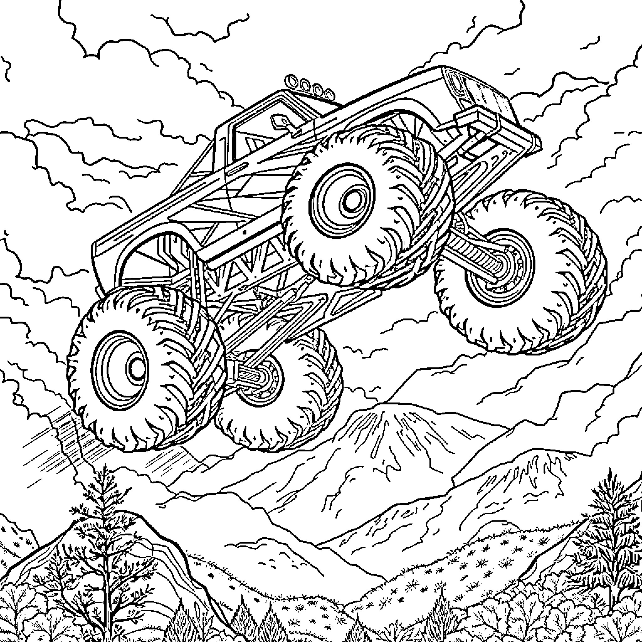 Monster Truck Soaring Over Mountainous Landscape Coloring Page (free black-and-white line drawing printable PDF for all, from beginners to advanced learners, including children, teens, adults, and seniors)