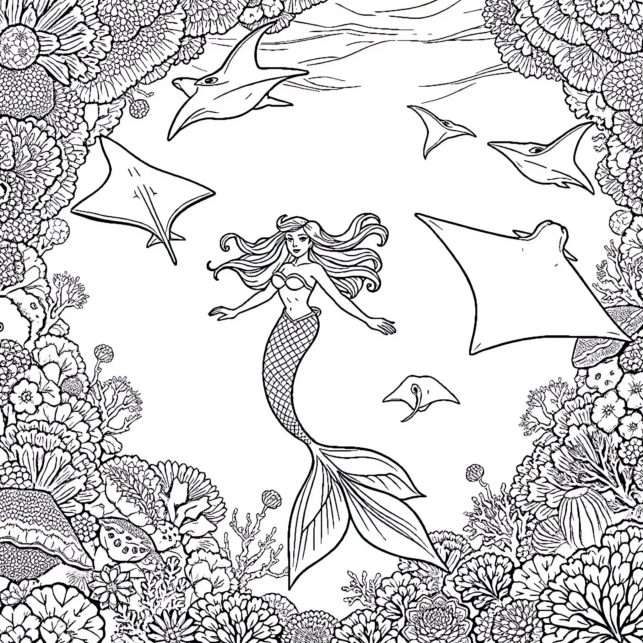 Mermaid surrounded by marine life in vibrant underwater scene Coloring Page (free black-and-white line drawing printable PDF for all, from beginners to advanced learners, including children, teens, adults, and seniors)