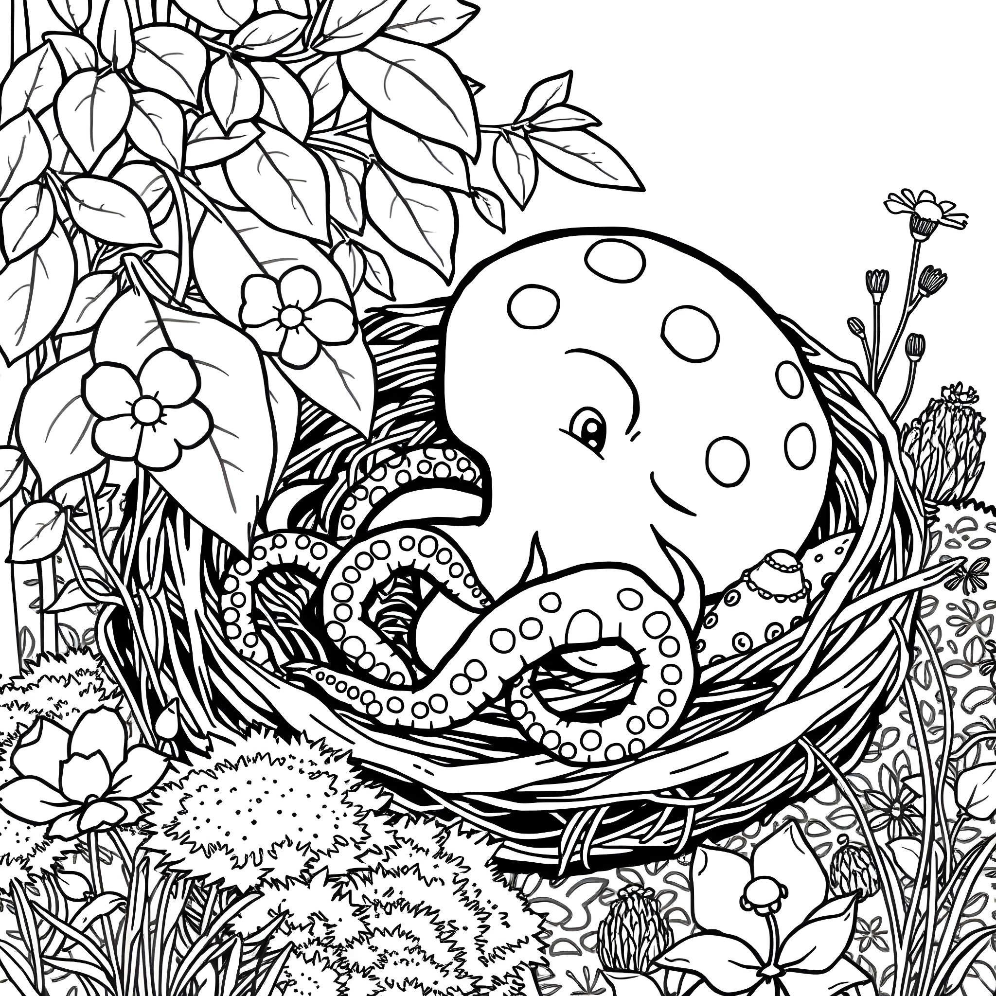 Octodon sleeping peacefully in the garden Coloring Page (free black-and-white line drawing printable PDF for all, from beginners to advanced learners, including children, teens, adults, and seniors)
