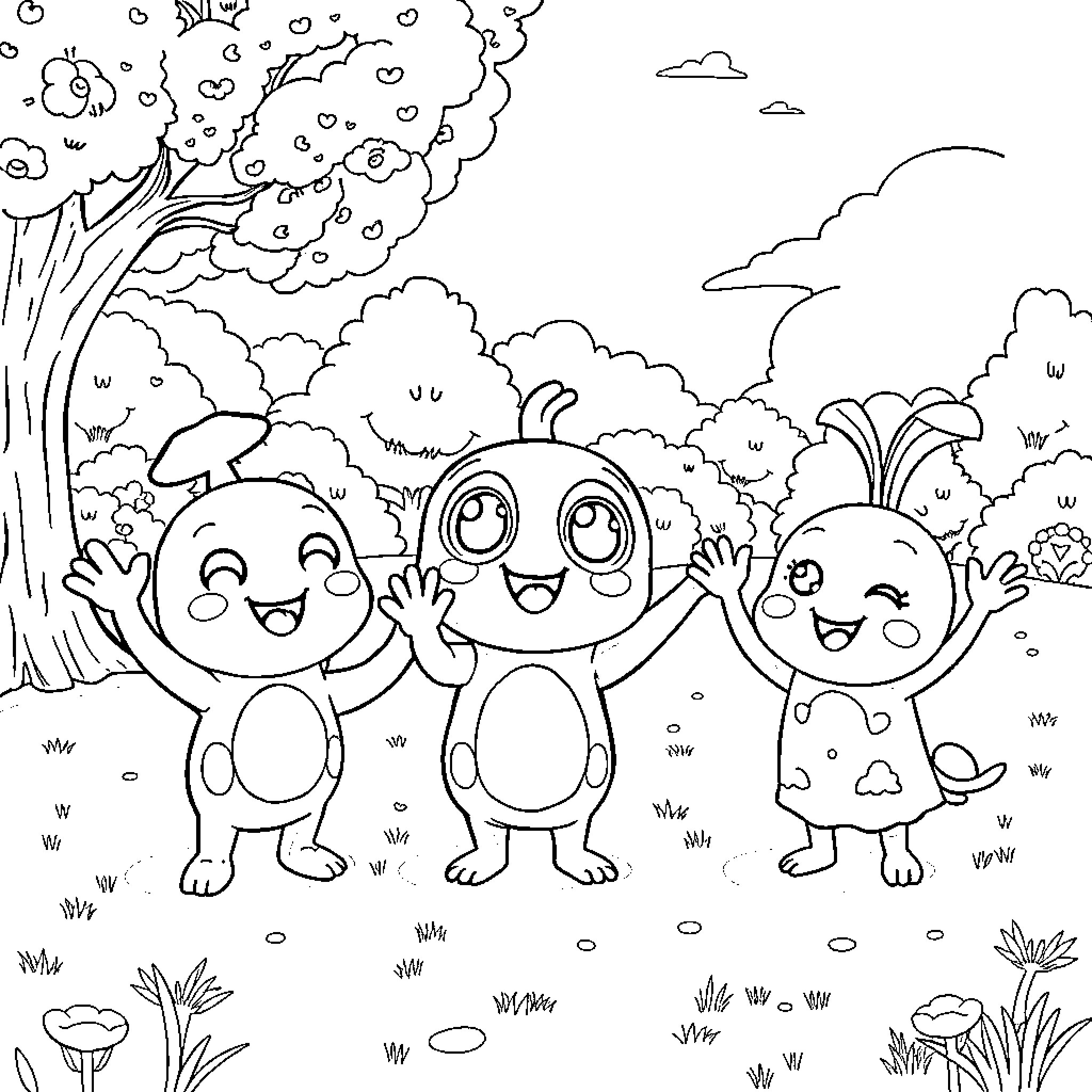 Wooper characters in a fun outdoor scene Coloring Page (free black-and-white line drawing printable PDF for all, from beginners to advanced learners, including children, teens, adults, and seniors)