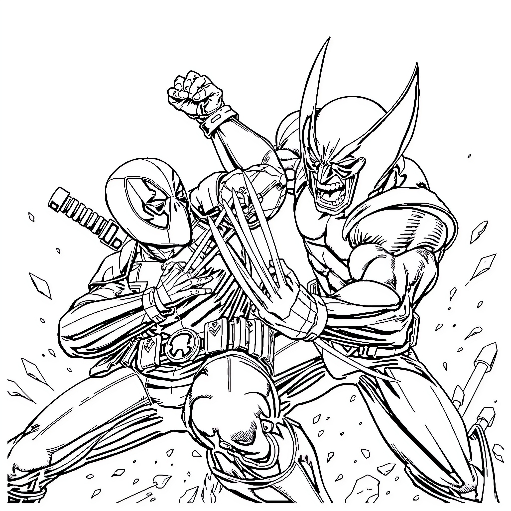 Deadpool engaging in intense action with superhero Coloring Page (free black-and-white line drawing printable PDF for all, from beginners to advanced learners, including children, teens, adults, and seniors)