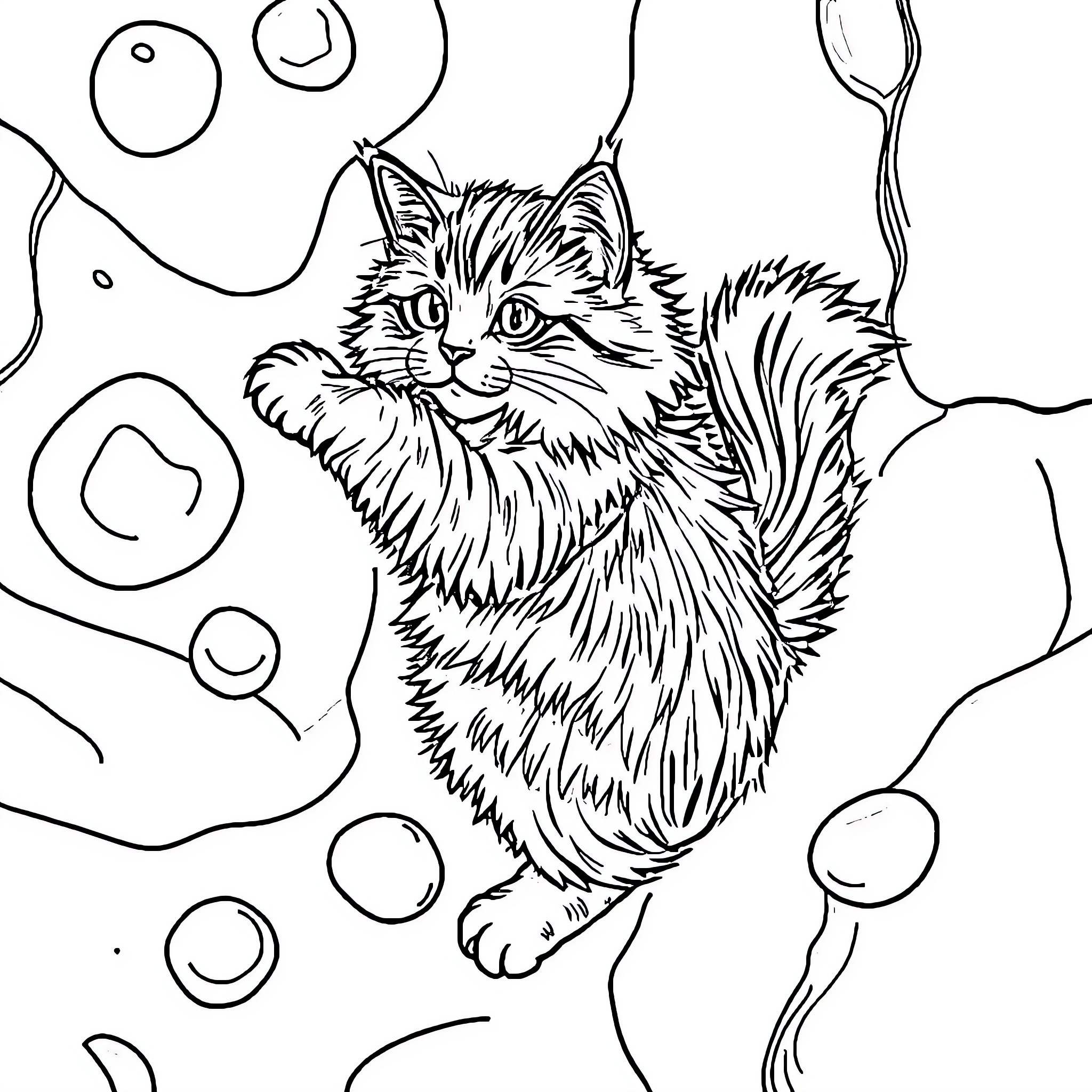 Cat in a Whimsical Bubble Filled Scene Coloring Page (free black-and-white line drawing printable PDF for all, from beginners to advanced learners, including children, teens, adults, and seniors)