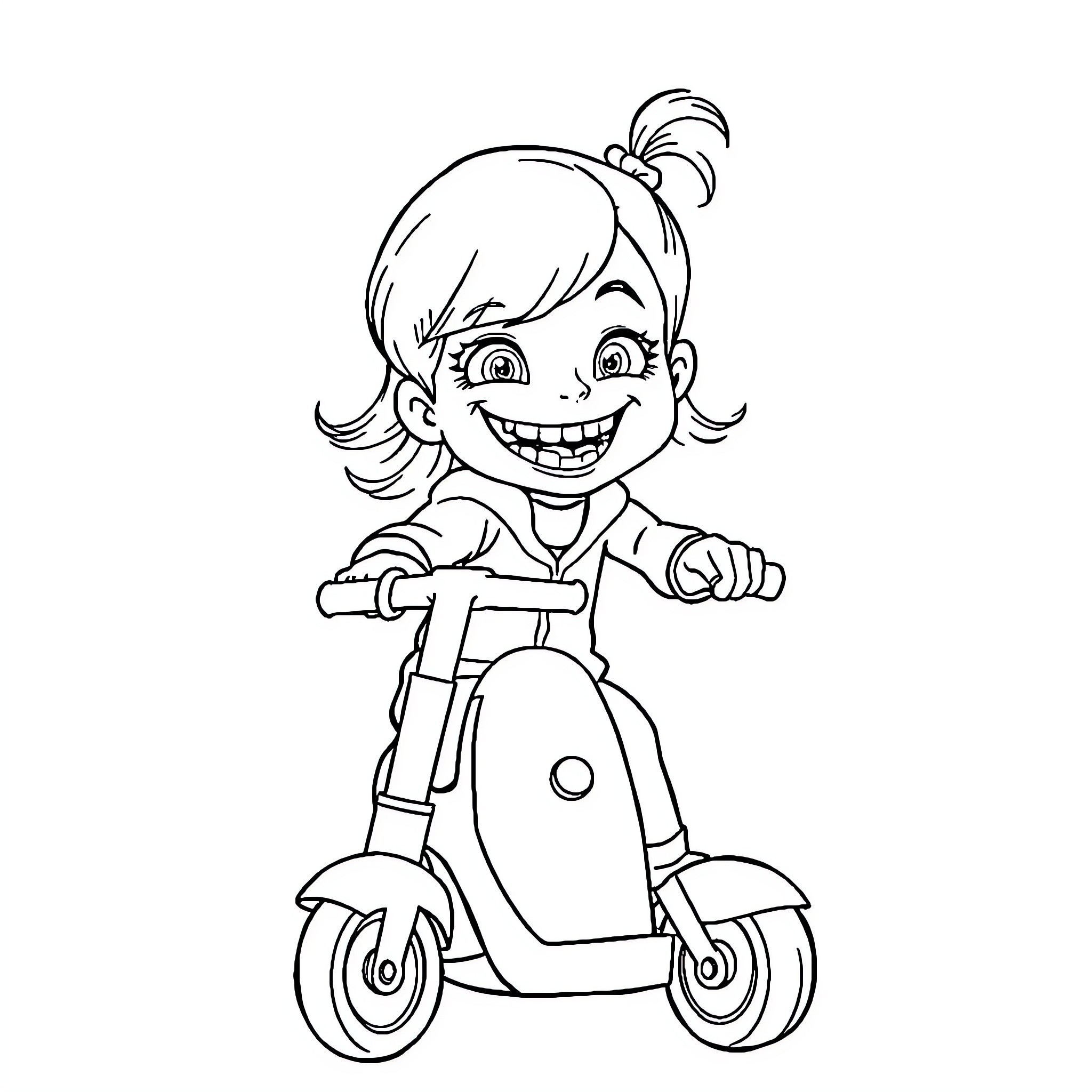 Girl riding scooter happily Coloring Page (free black-and-white line drawing printable PDF for all, from beginners to advanced learners, including children, teens, adults, and seniors)