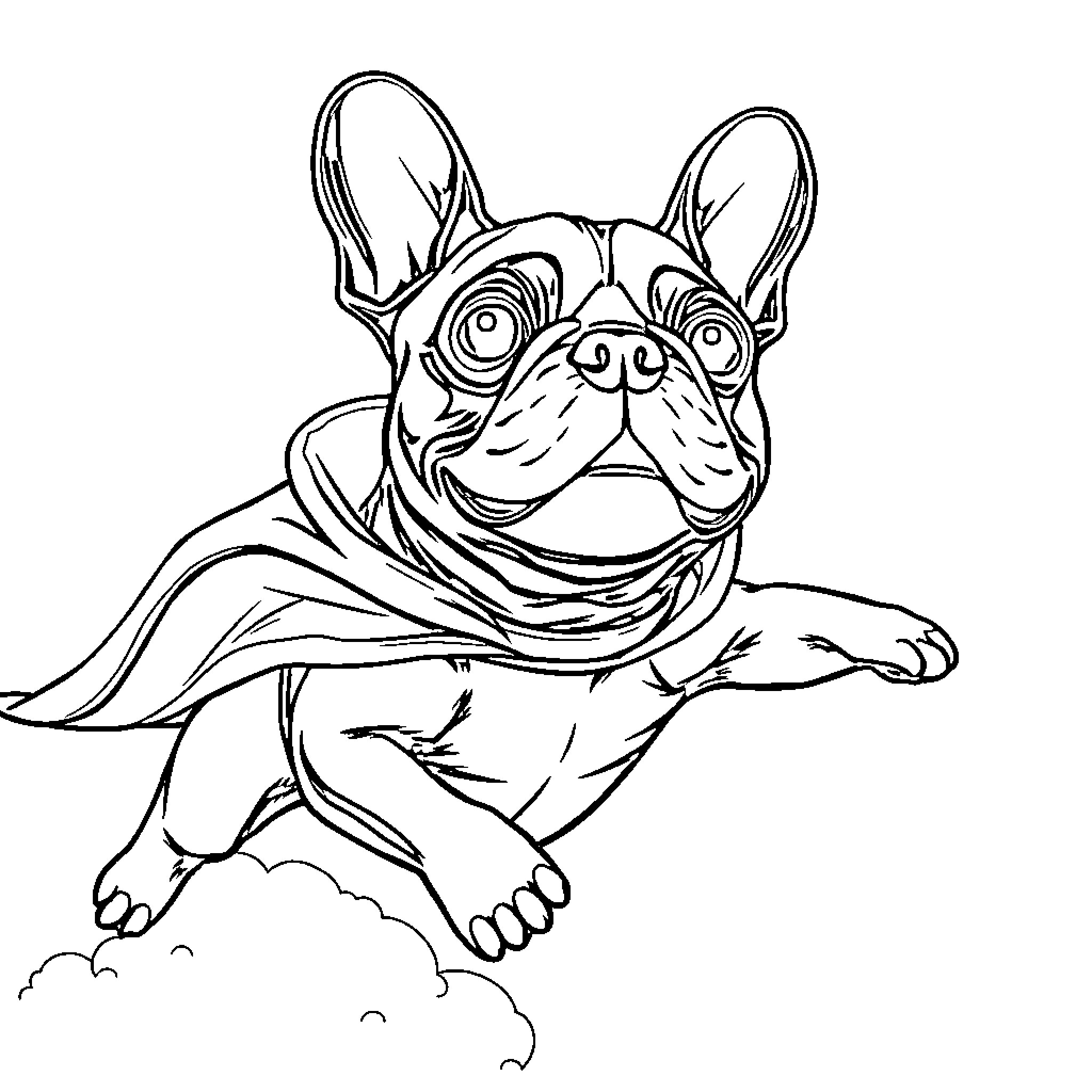 French Bulldog in Superhero Costume Coloring Page (free black-and-white line drawing printable PDF for all, from beginners to advanced learners, including children, teens, adults, and seniors)