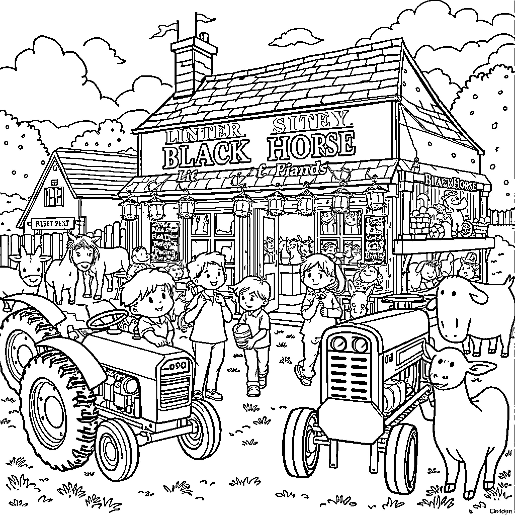 Child playing at the Stately Black Horse Inn Coloring Page (free black-and-white line drawing printable PDF for all, from beginners to advanced learners, including children, teens, adults, and seniors)