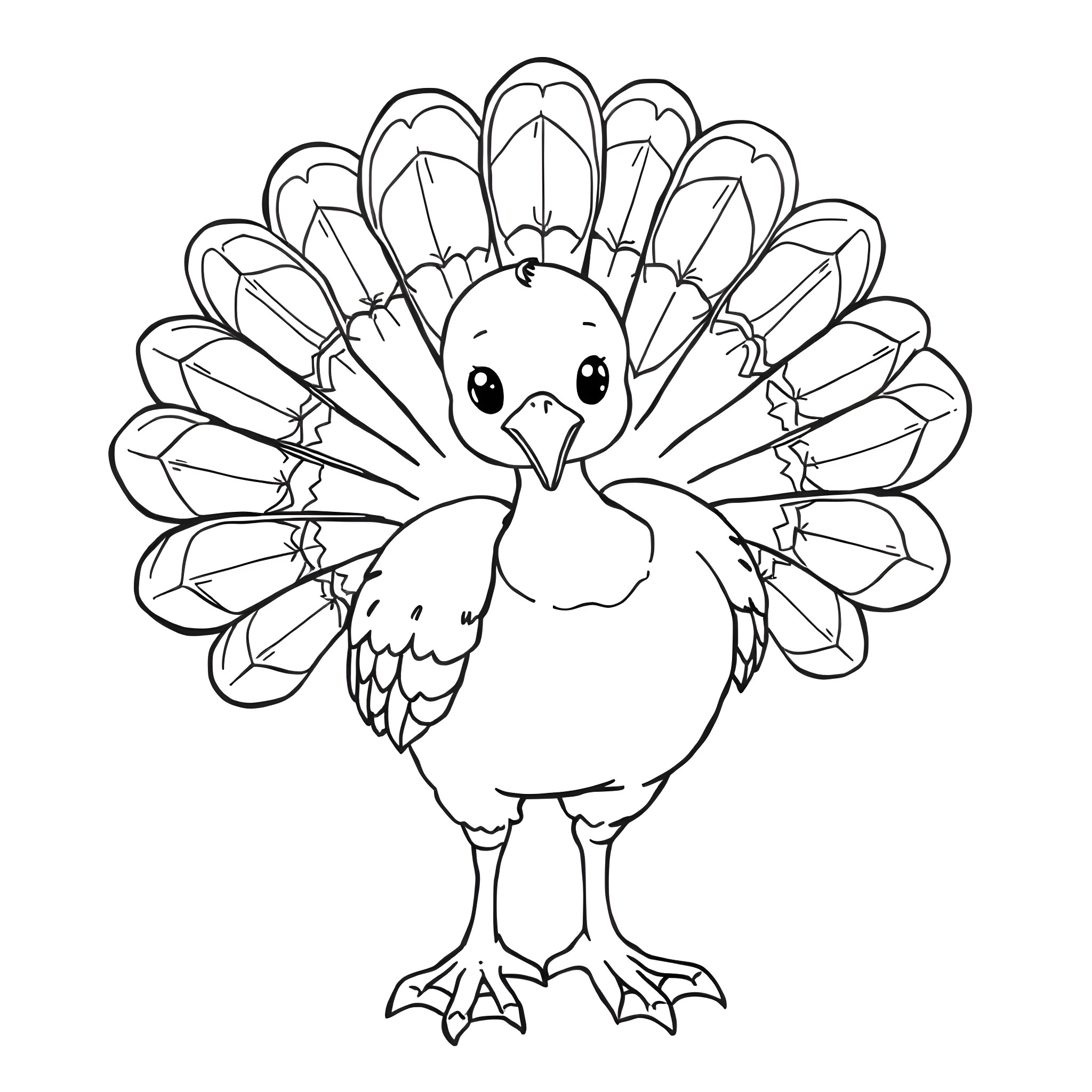 Turkey with elaborate plumage Coloring Page (free black-and-white line drawing printable PDF for all, from beginners to advanced learners, including children, teens, adults, and seniors)