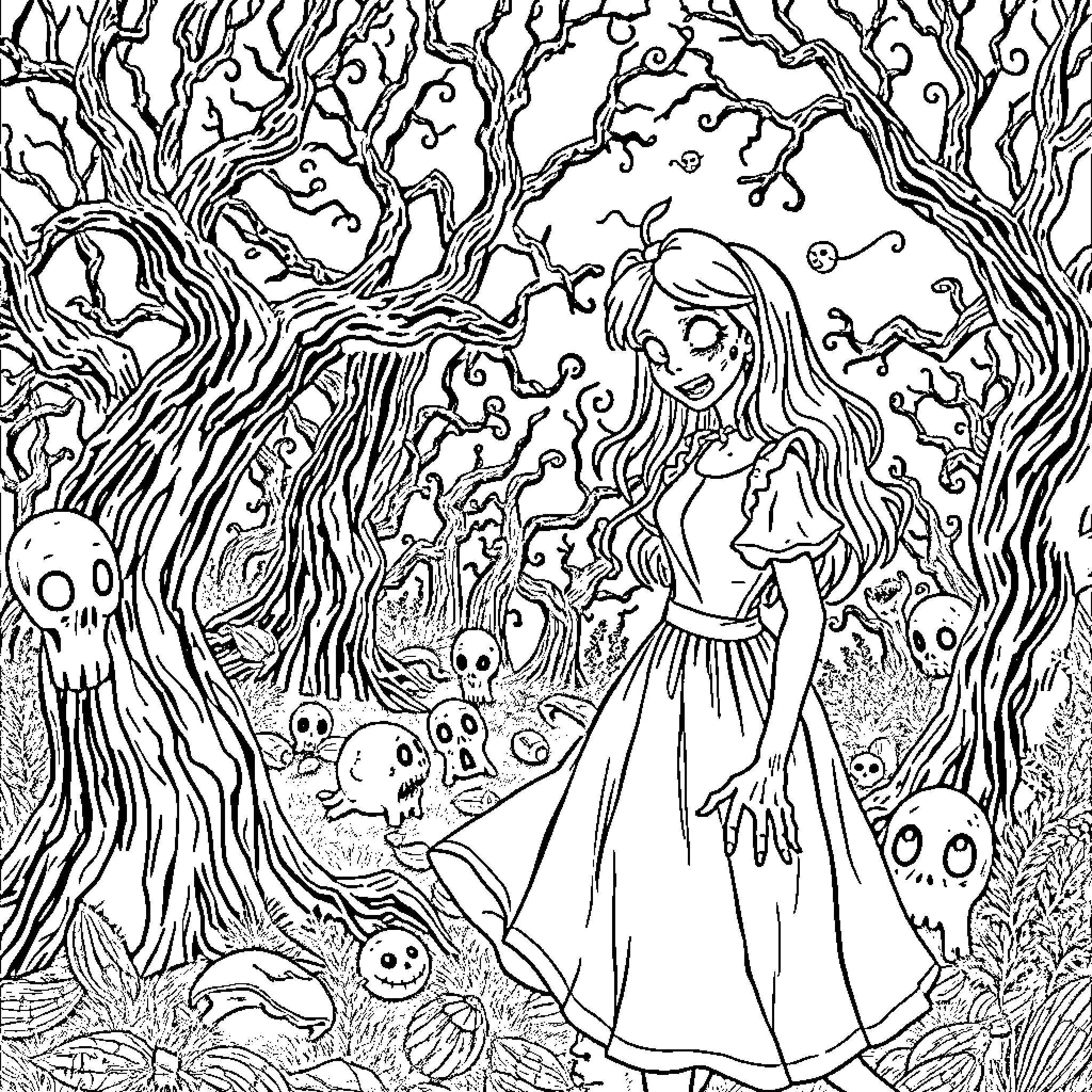 Zombie Girl Exploring the Eerie Forest Coloring Page (free black-and-white line drawing printable PDF for all, from beginners to advanced learners, including children, teens, adults, and seniors)