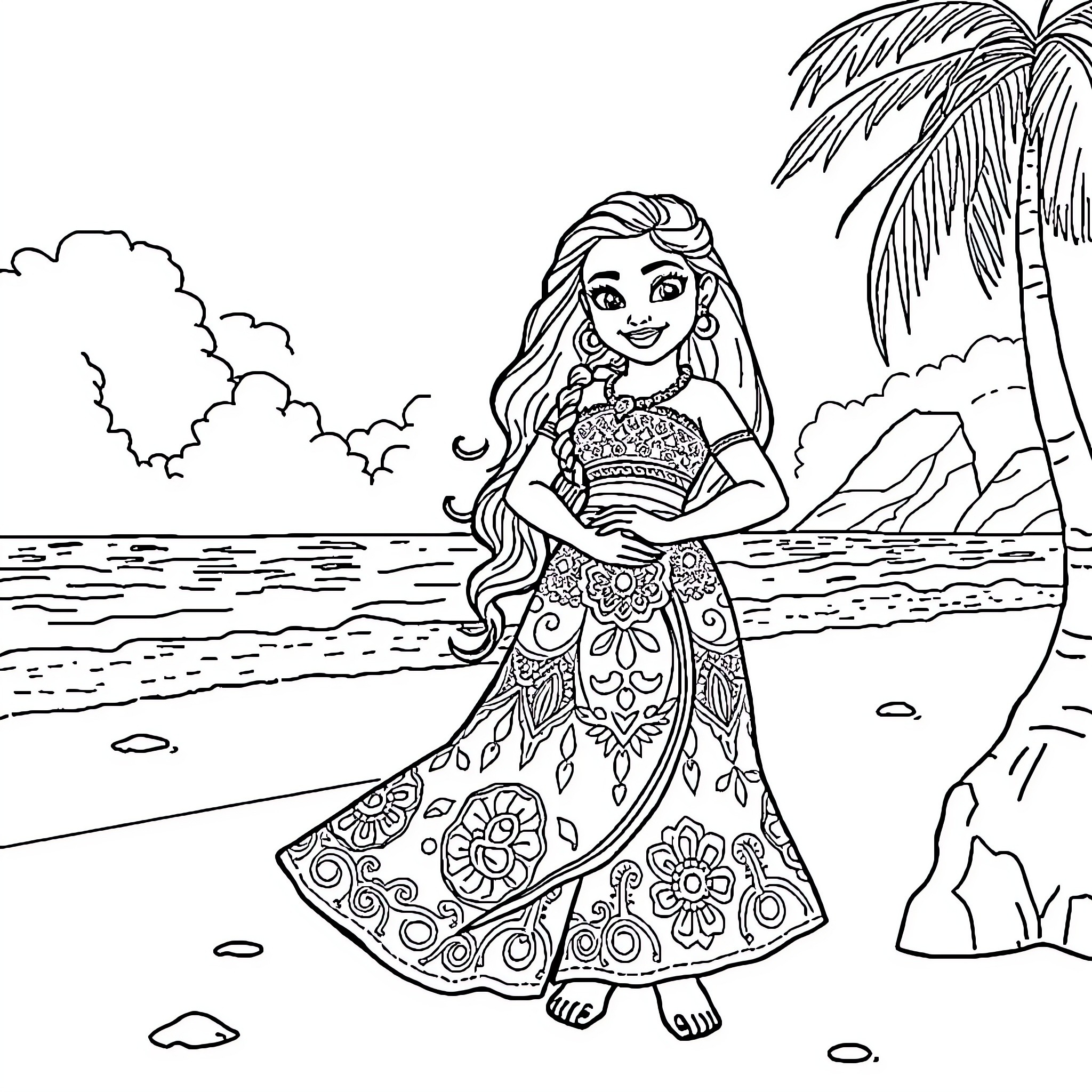 Moana exploring the tropical beach paradise Coloring Page (free black-and-white line drawing printable PDF for all, from beginners to advanced learners, including children, teens, adults, and seniors)