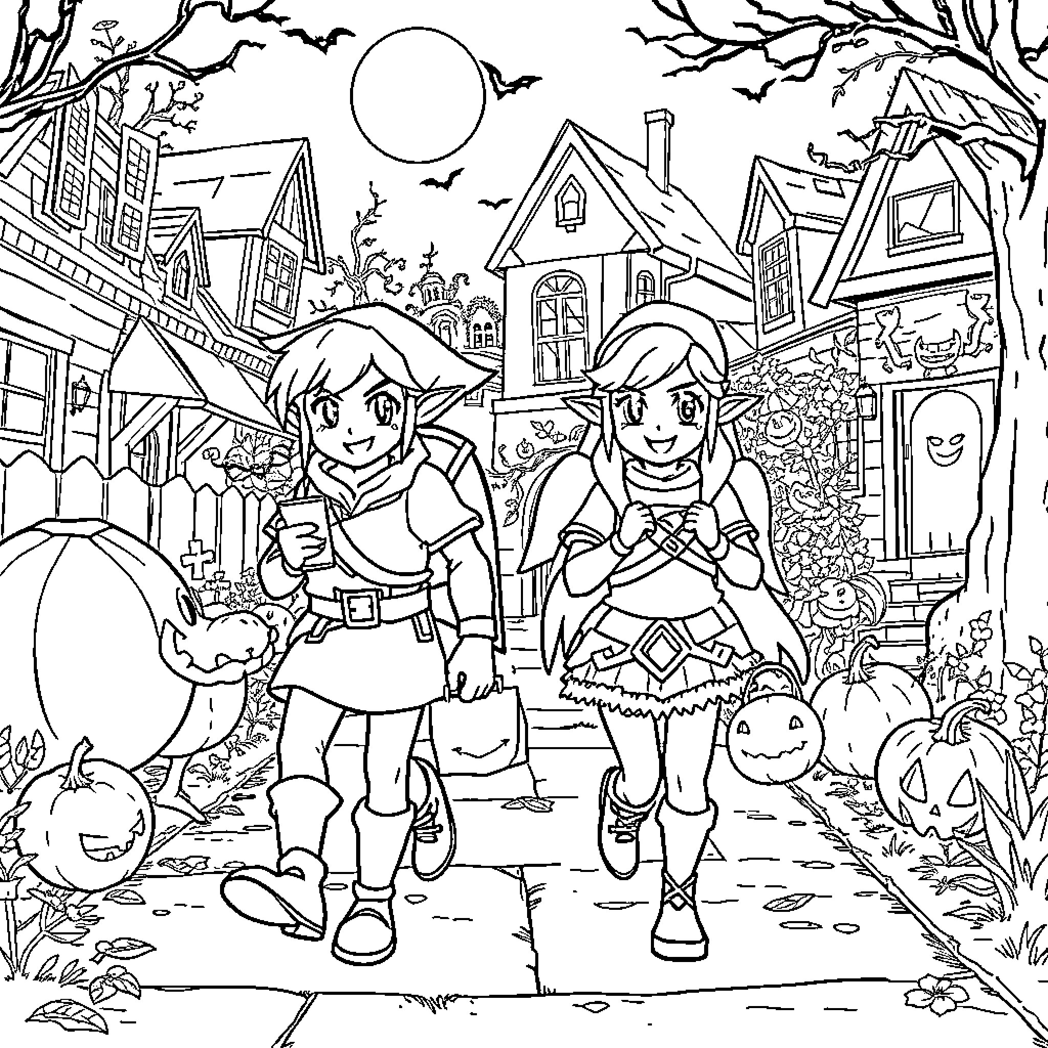 Link and Zelda Explore Spooky Halloween Town Coloring Page (free black-and-white line drawing printable PDF for all, from beginners to advanced learners, including children, teens, adults, and seniors)