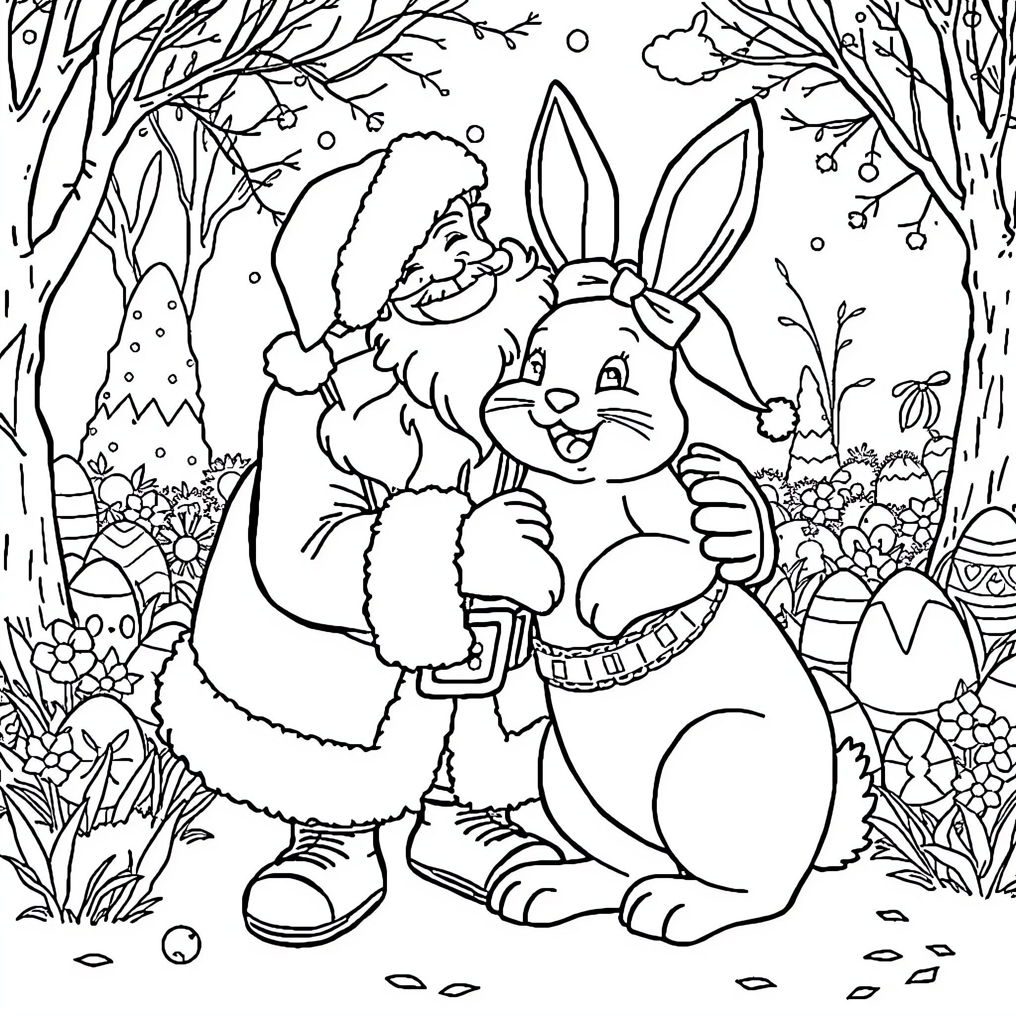 Santa Claus and Bunny Enjoying Winter Wonderland Coloring Page (free black-and-white line drawing printable PDF for all, from beginners to advanced learners, including children, teens, adults, and seniors)