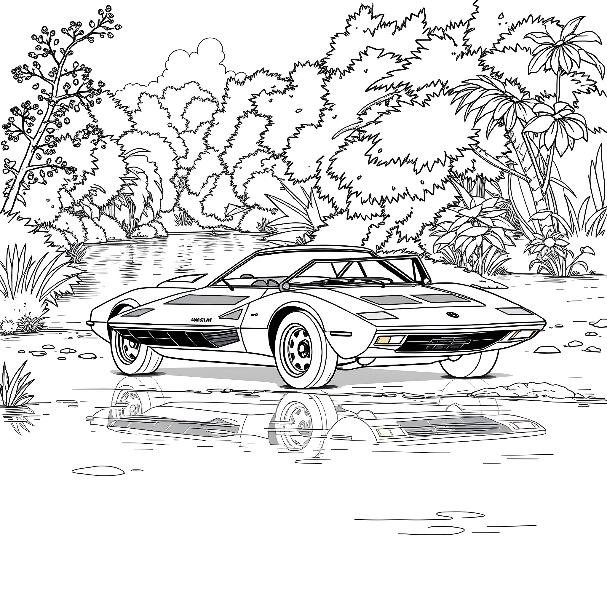 Lancia Stratos in tropical nature landscape Coloring Page (free black-and-white line drawing printable PDF for all, from beginners to advanced learners, including children, teens, adults, and seniors)