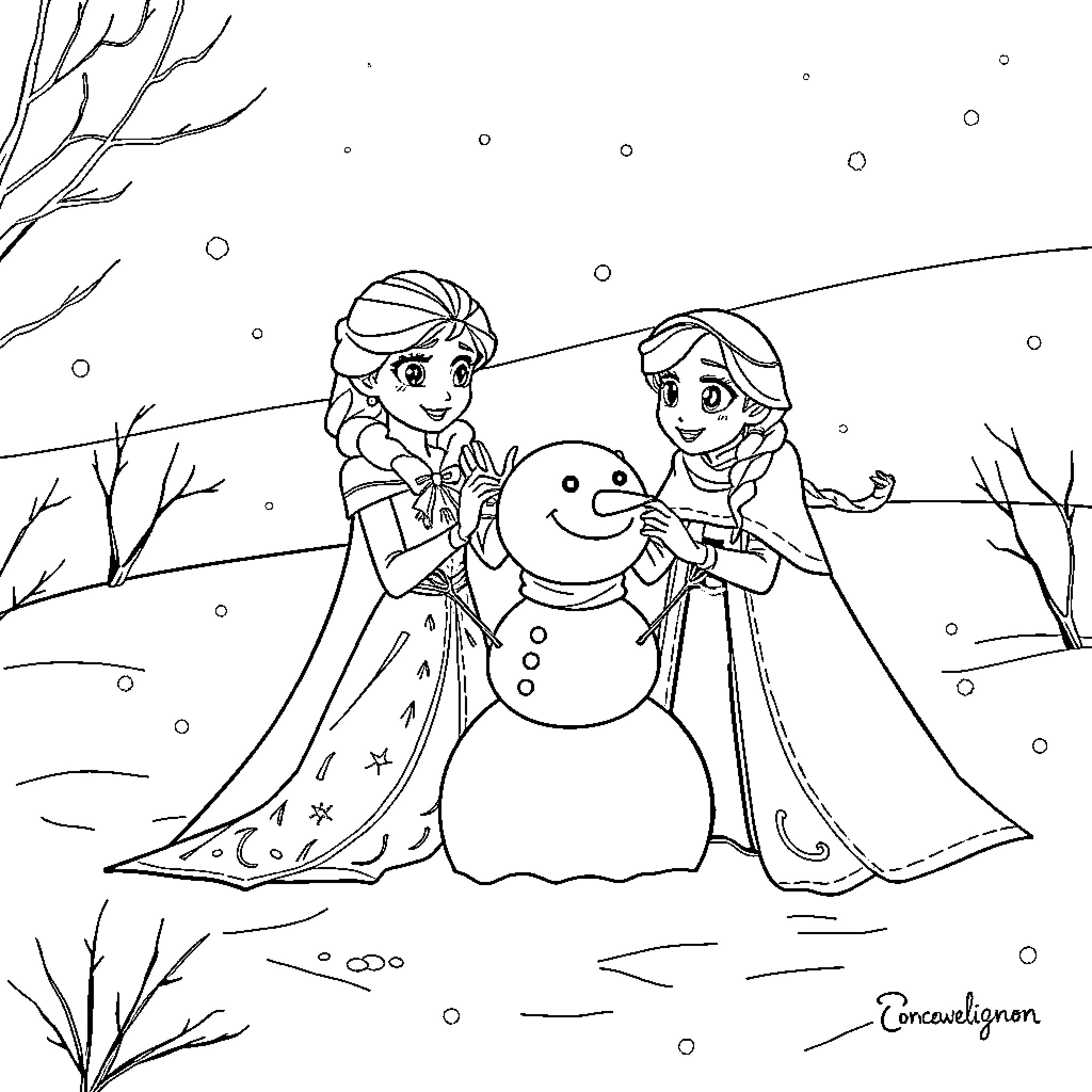 Elsa and Anna Building a Snowman in Winter Wonderland Coloring Page (free black-and-white line drawing printable PDF for all, from beginners to advanced learners, including children, teens, adults, and seniors)