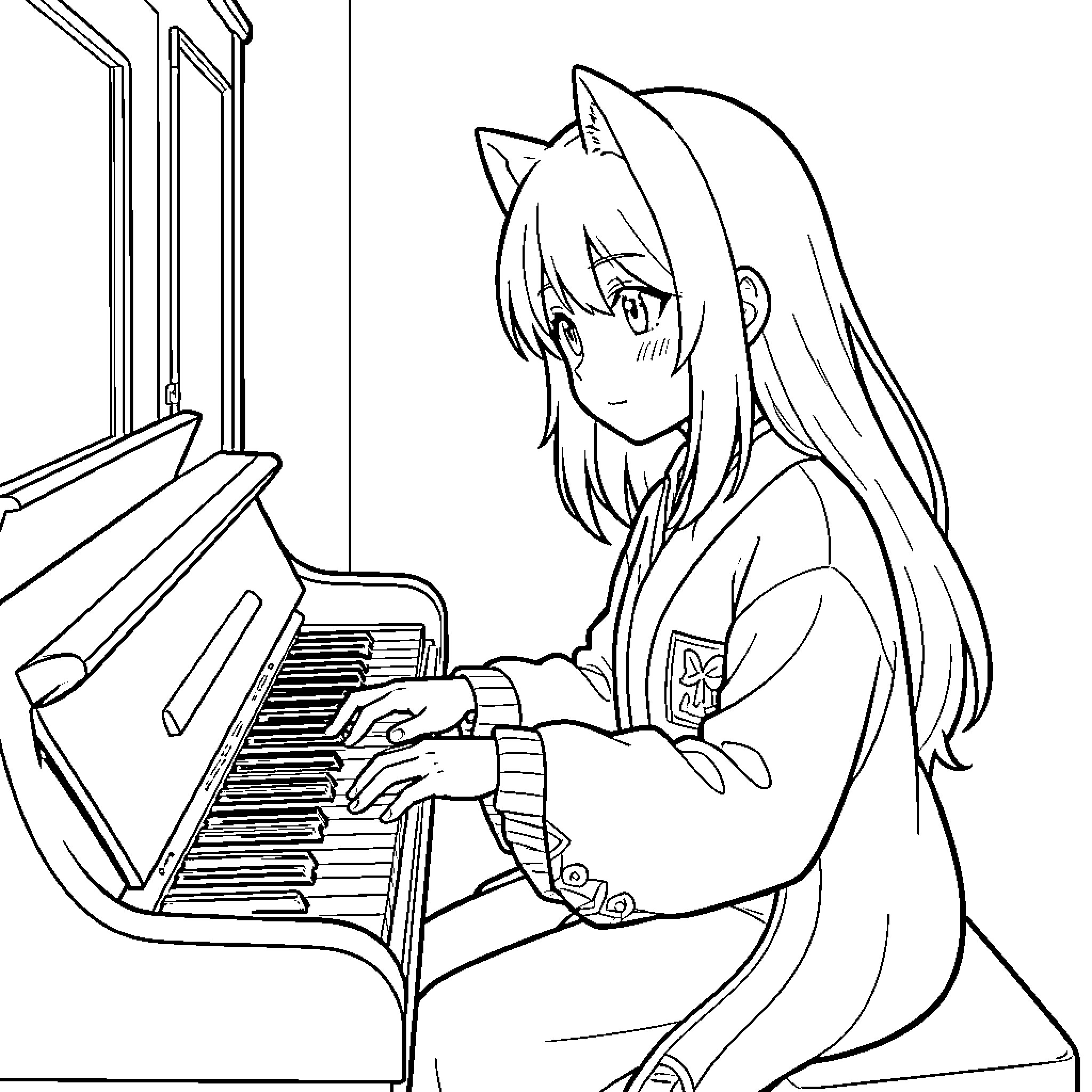 Nezuko playing the piano with a calm expression Coloring Page (free black-and-white line drawing printable PDF for all, from beginners to advanced learners, including children, teens, adults, and seniors)