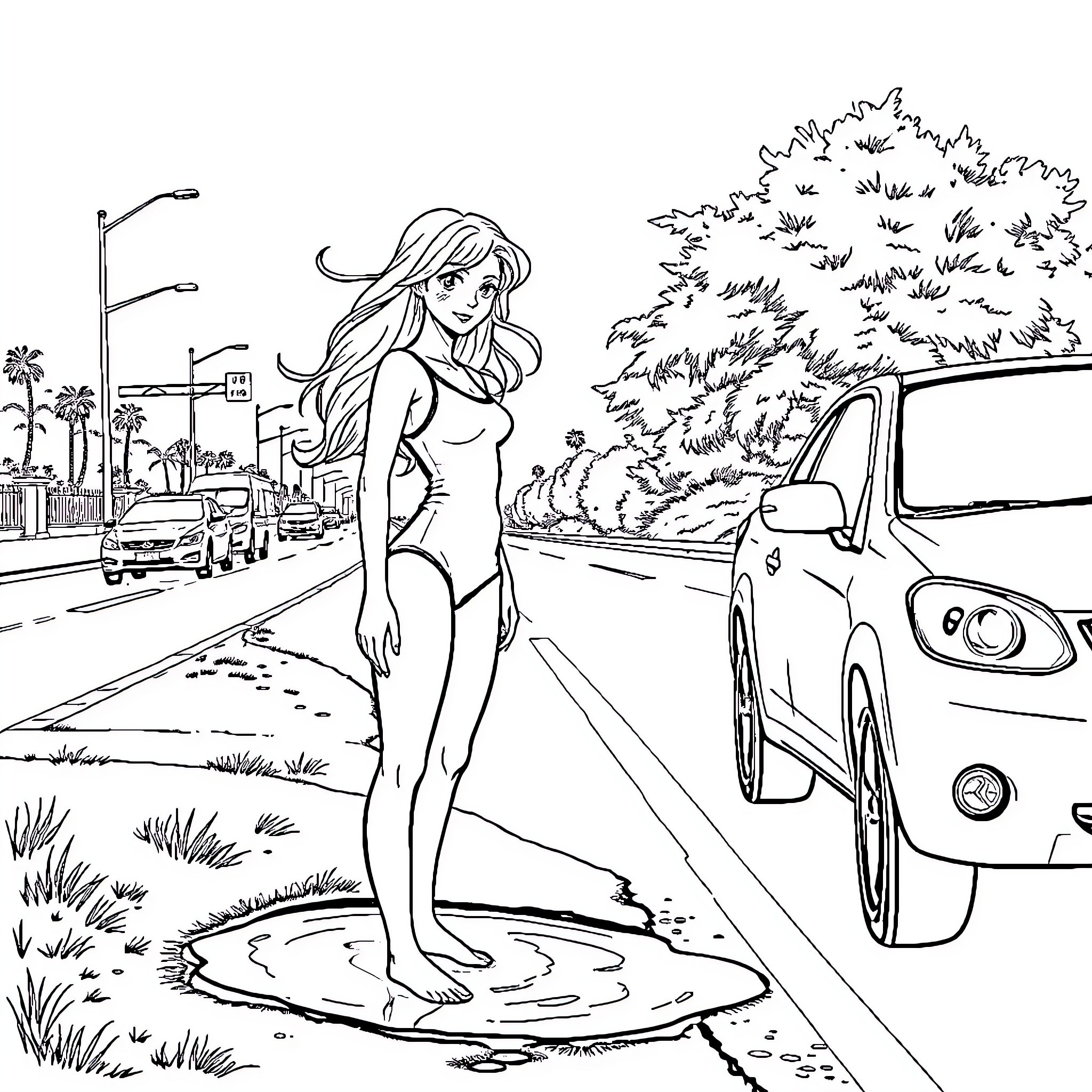 Lifeguard taking a break on the beach Coloring Page (free black-and-white line drawing printable PDF for all, from beginners to advanced learners, including children, teens, adults, and seniors)