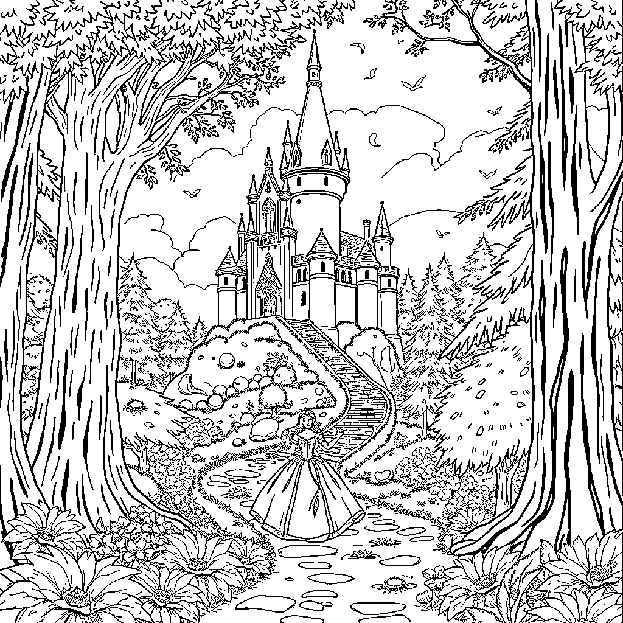 Princess in a Magical Castle Landscape Coloring Page (free black-and-white line drawing printable PDF for all, from beginners to advanced learners, including children, teens, adults, and seniors)