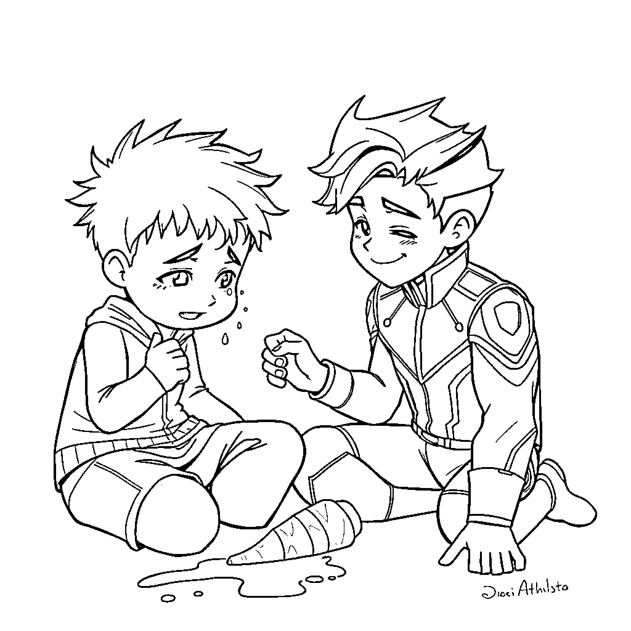 Deku and Kacchan engaged in lively conversation Coloring Page (free black-and-white line drawing printable PDF for all, from beginners to advanced learners, including children, teens, adults, and seniors)