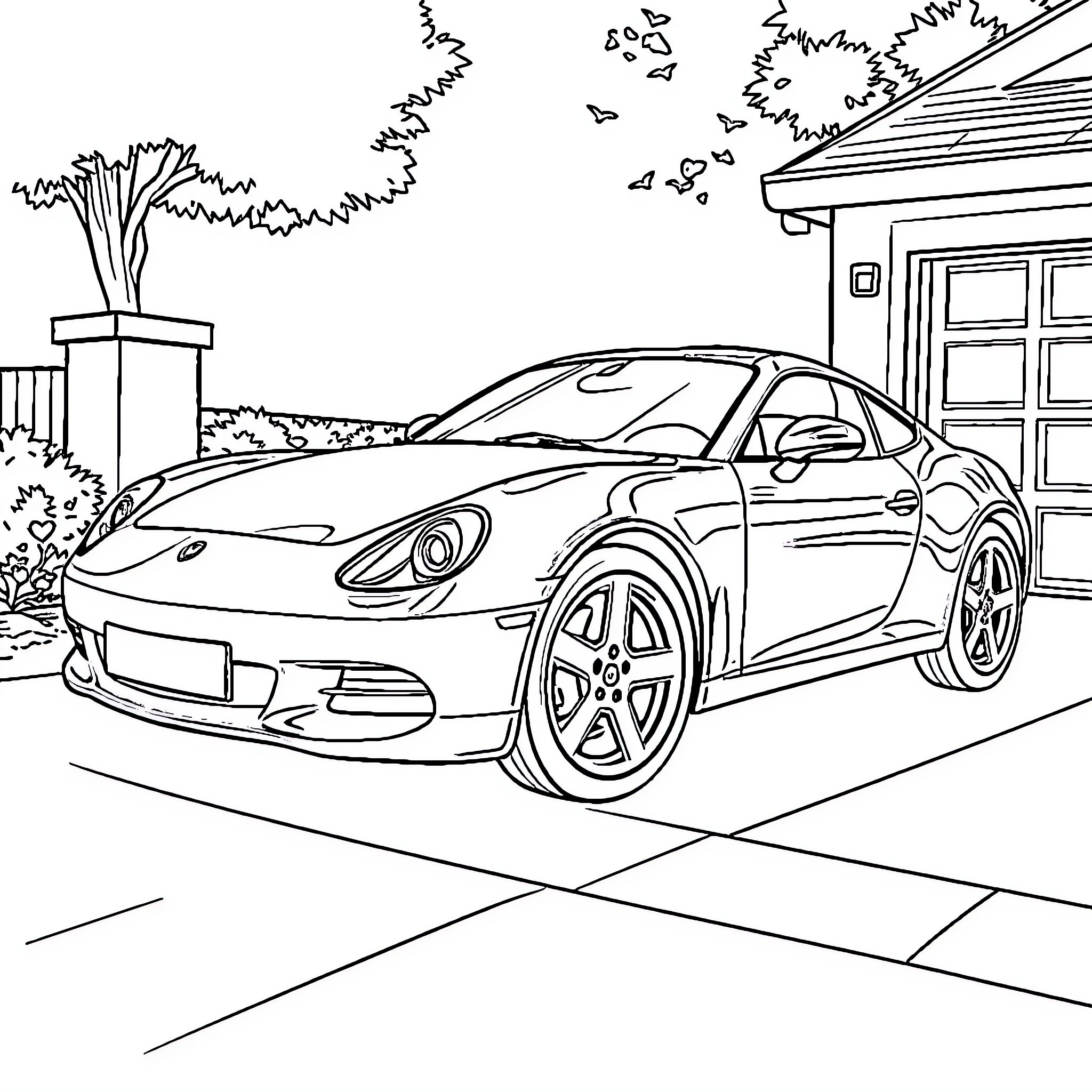 Autom Car parked in front of a house Coloring Page (free black-and-white line drawing printable PDF for all, from beginners to advanced learners, including children, teens, adults, and seniors)