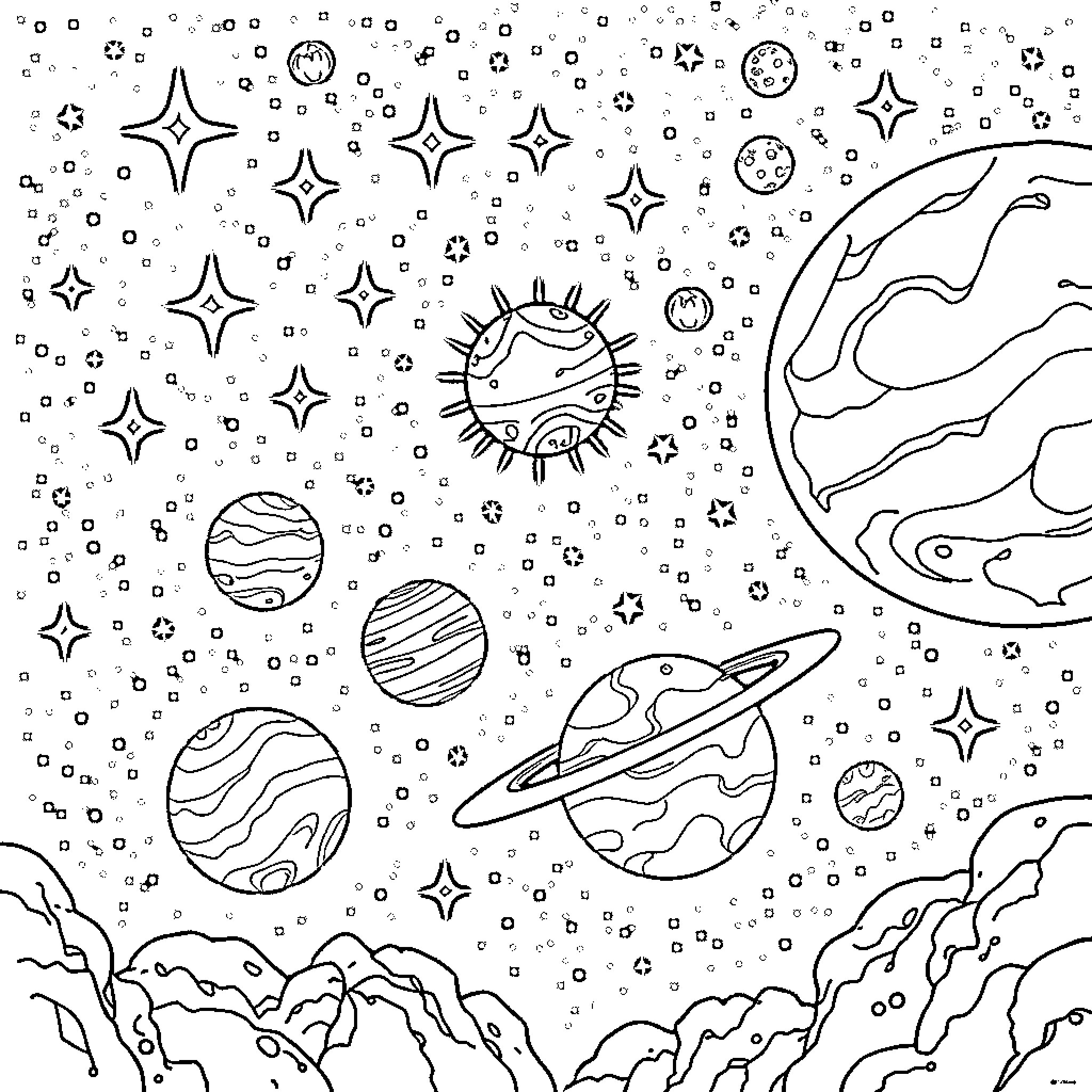 Space Exploration and Cosmic Wonder Coloring Page (free black-and-white line drawing printable PDF for all, from beginners to advanced learners, including children, teens, adults, and seniors)