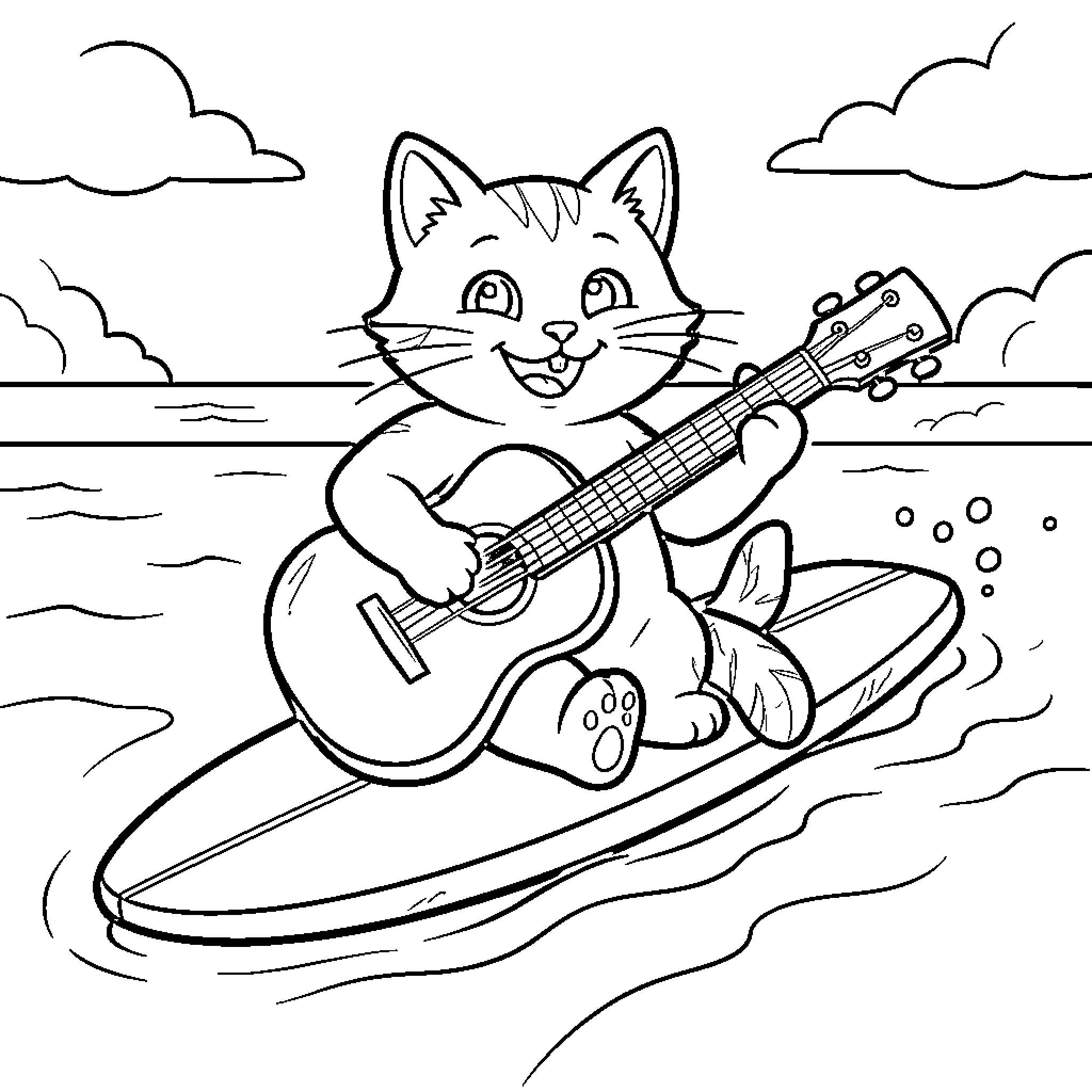 Cat playing guitar on surfboard Coloring Page (free black-and-white line drawing printable PDF for all, from beginners to advanced learners, including children, teens, adults, and seniors)