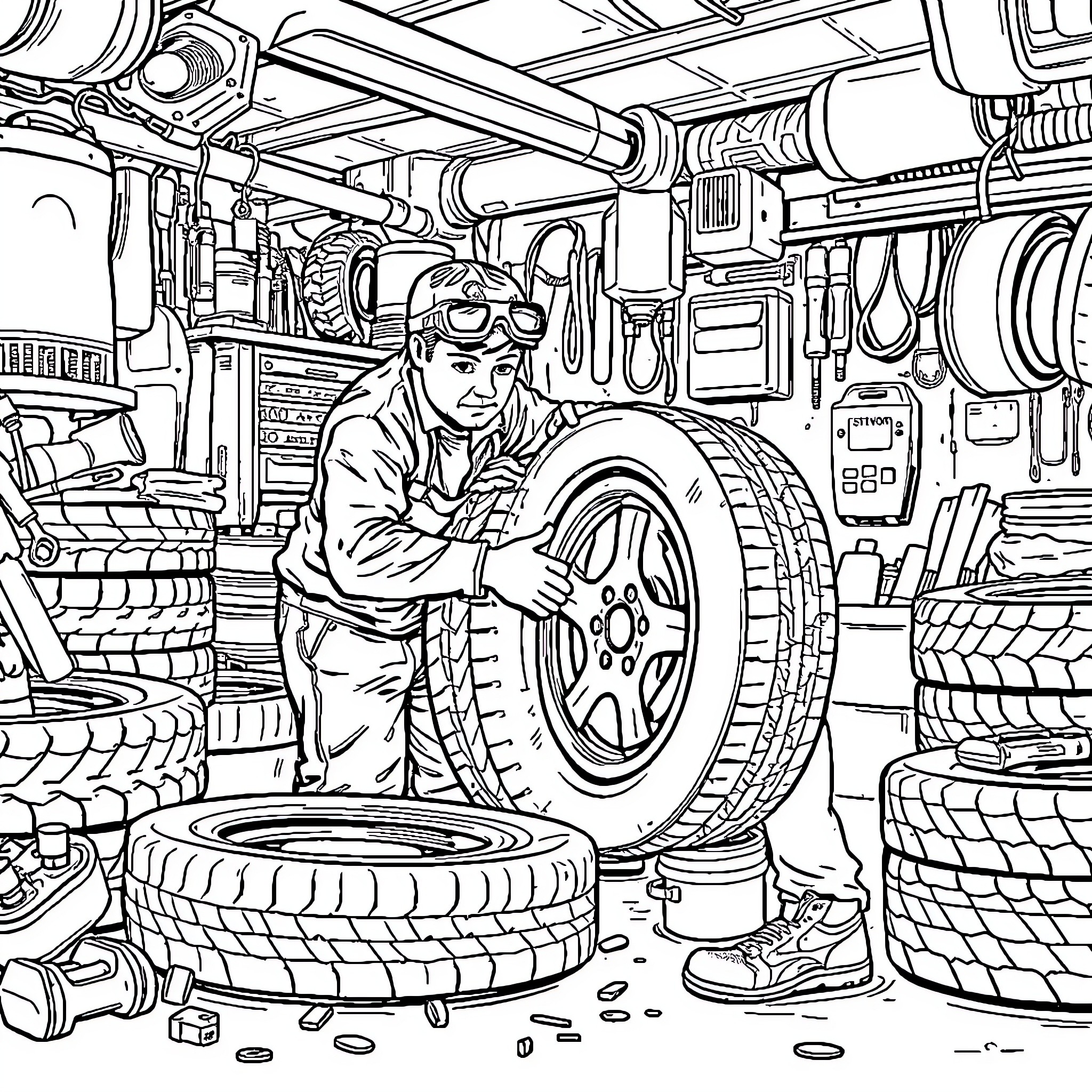 Tire Technician Repairing Vehicle in Workshop Coloring Page (free black-and-white line drawing printable PDF for all, from beginners to advanced learners, including children, teens, adults, and seniors)