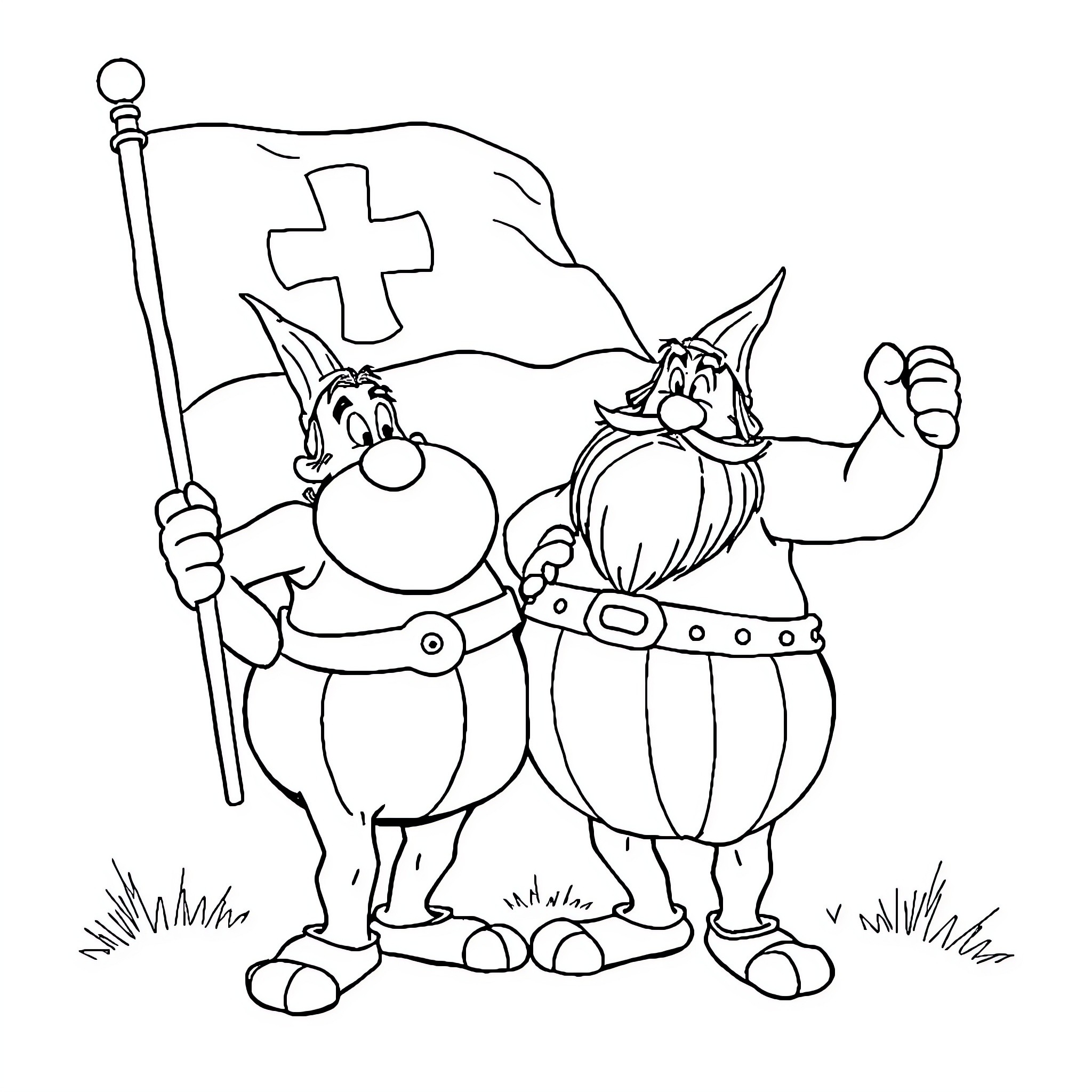 Obelix and Asterix Celebrating with Flag Coloring Page (free black-and-white line drawing printable PDF for all, from beginners to advanced learners, including children, teens, adults, and seniors)