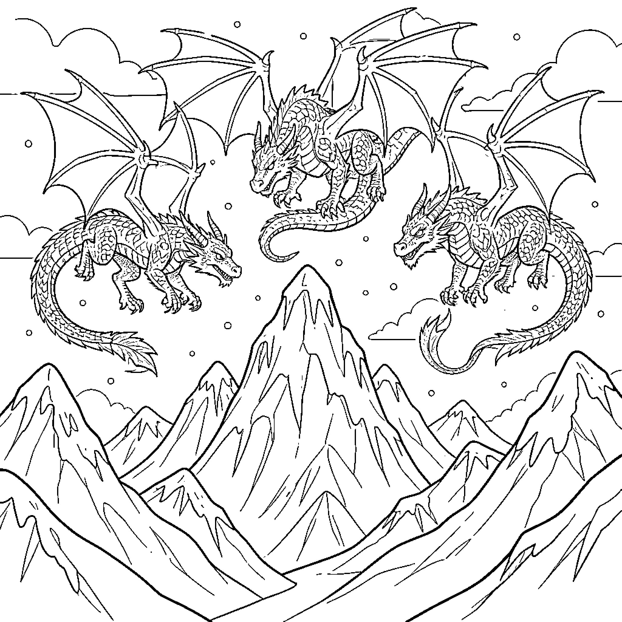 Dragon Duo Soaring Over Majestic Mountains Coloring Page (free black-and-white line drawing printable PDF for all, from beginners to advanced learners, including children, teens, adults, and seniors)