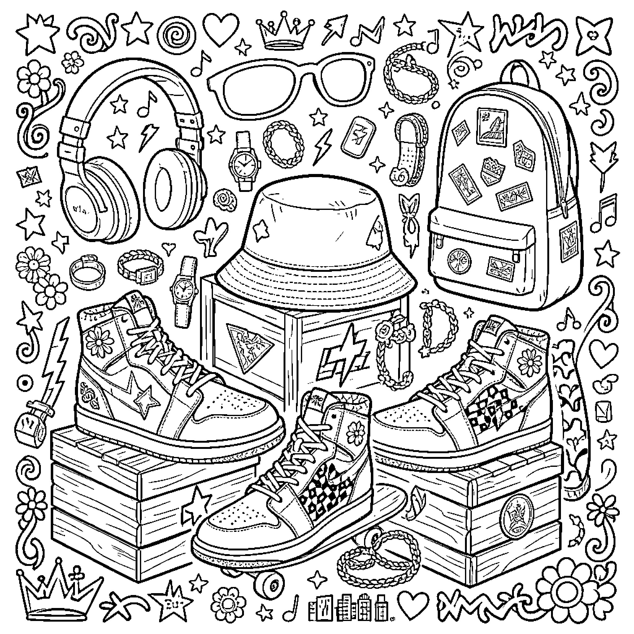 Hip-Hop Fashion Accessory line-art with sneakers, headphones, cap, and backpack Coloring Page (free black-and-white line drawing printable PDF for all, from beginners to advanced learners, including children, teens, adults, and seniors)