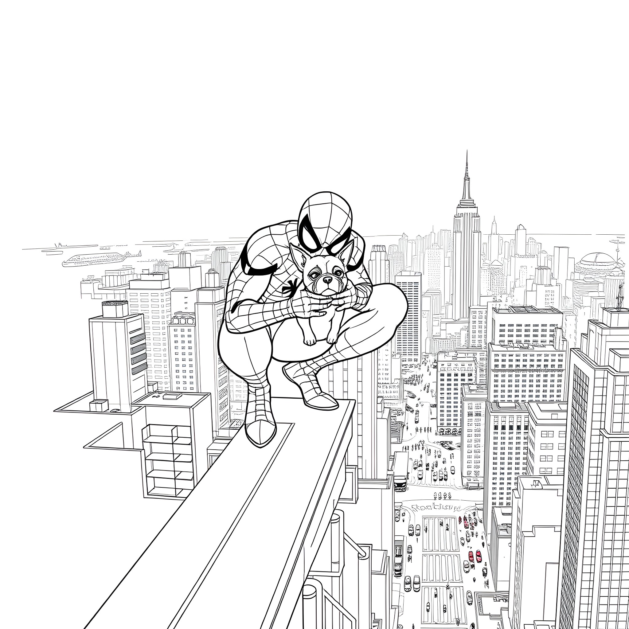 Spider-Man saves the day in the city skyline Coloring Page (free black-and-white line drawing printable PDF for all, from beginners to advanced learners, including children, teens, adults, and seniors)