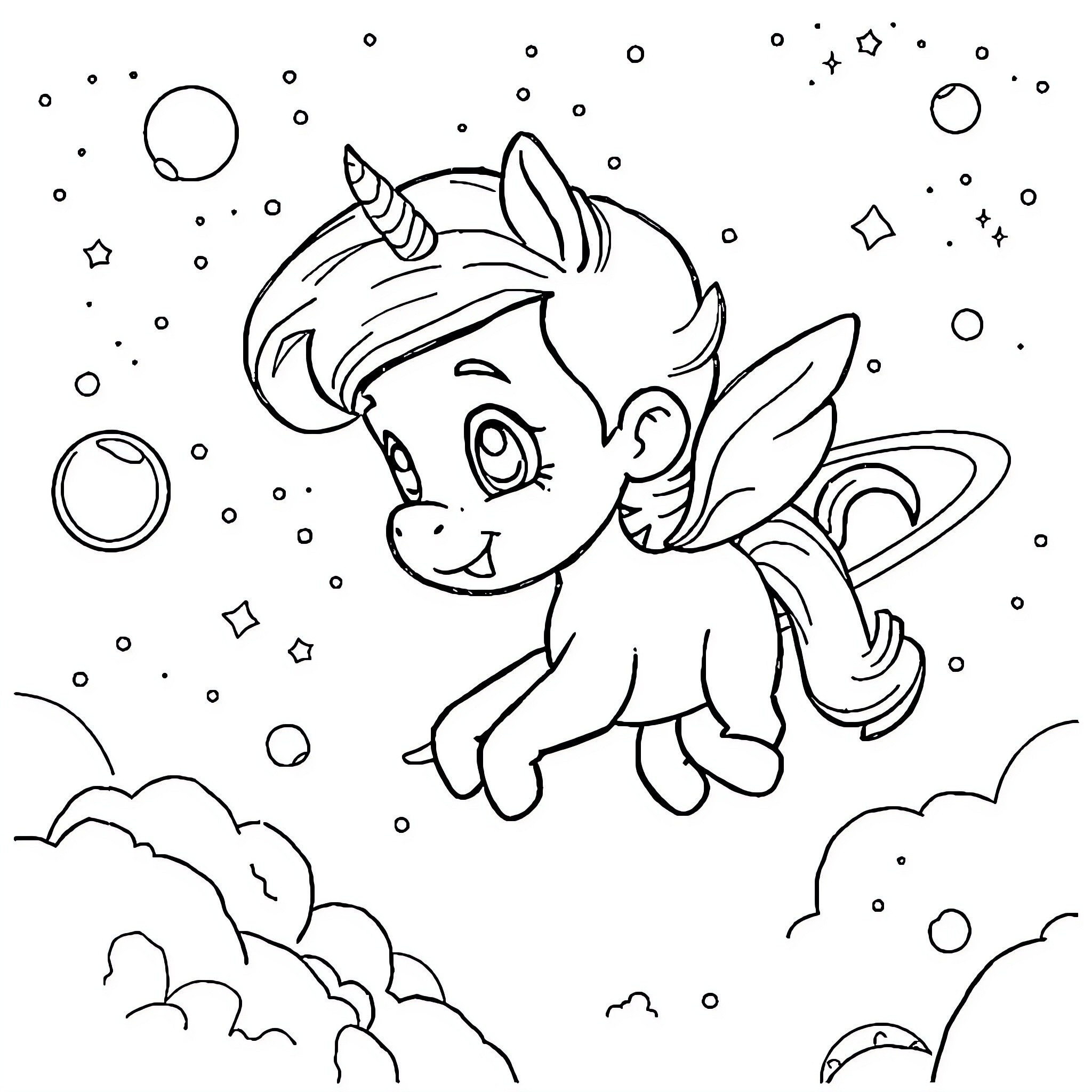 Little Prince Unicorn in Enchanting Scenery Coloring Page (free black-and-white line drawing printable PDF for all, from beginners to advanced learners, including children, teens, adults, and seniors)