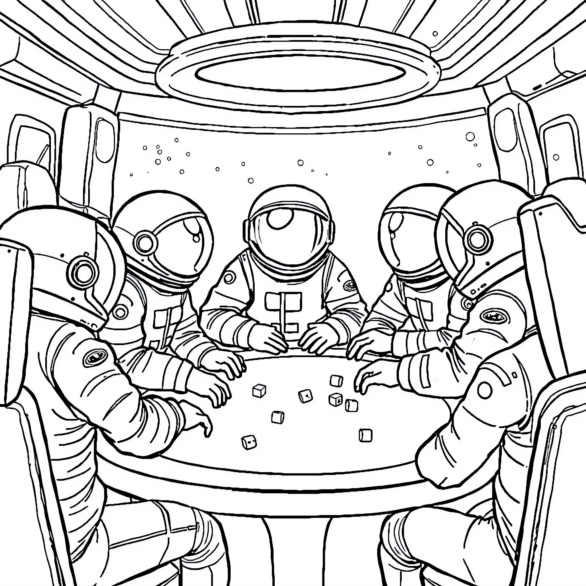 Among Us Astronauts Gather for an Interstellar Game Coloring Page (free black-and-white line drawing printable PDF for all, from beginners to advanced learners, including children, teens, adults, and seniors)