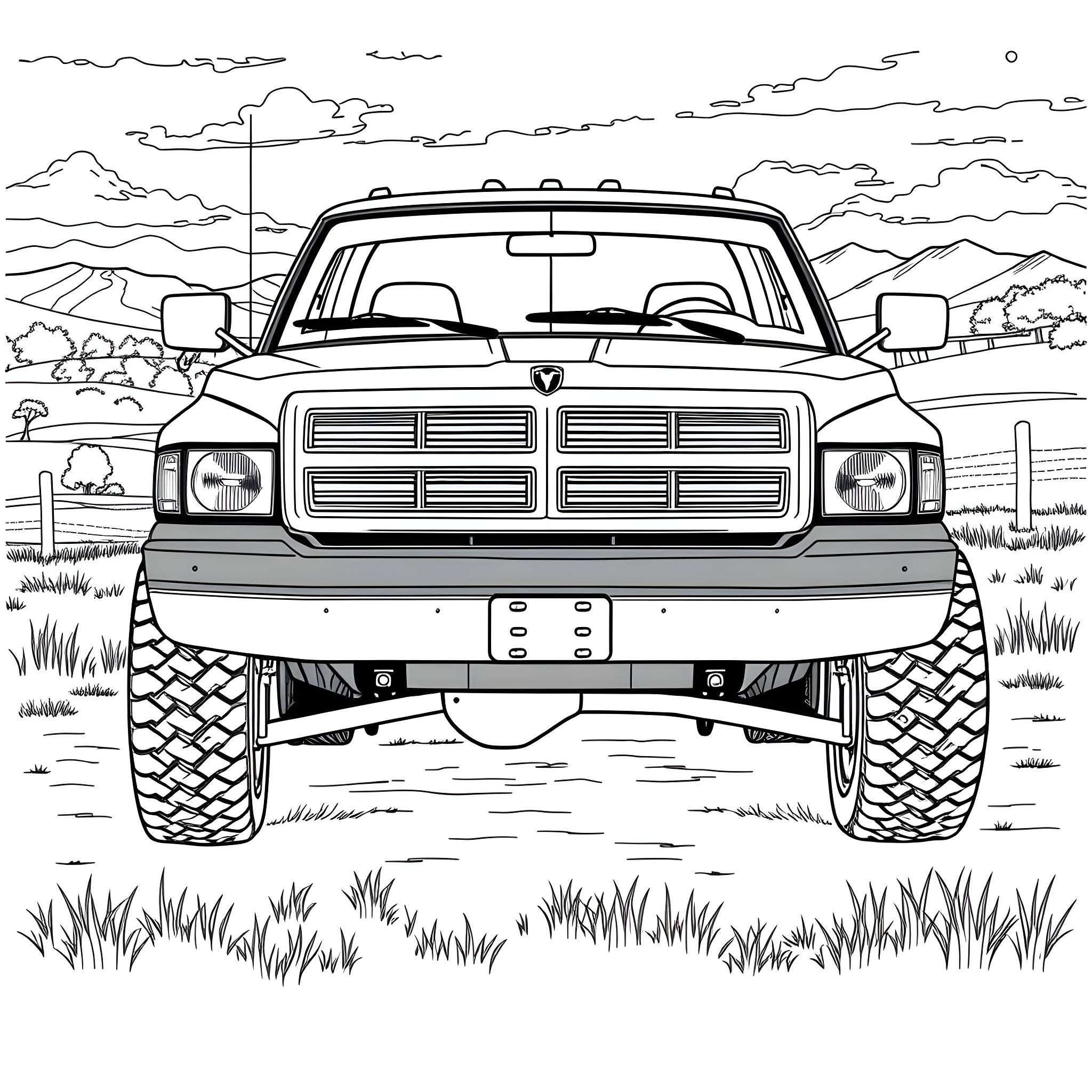 Ram off-road truck navigating the wilderness Coloring Page (free black-and-white line drawing printable PDF for all, from beginners to advanced learners, including children, teens, adults, and seniors)
