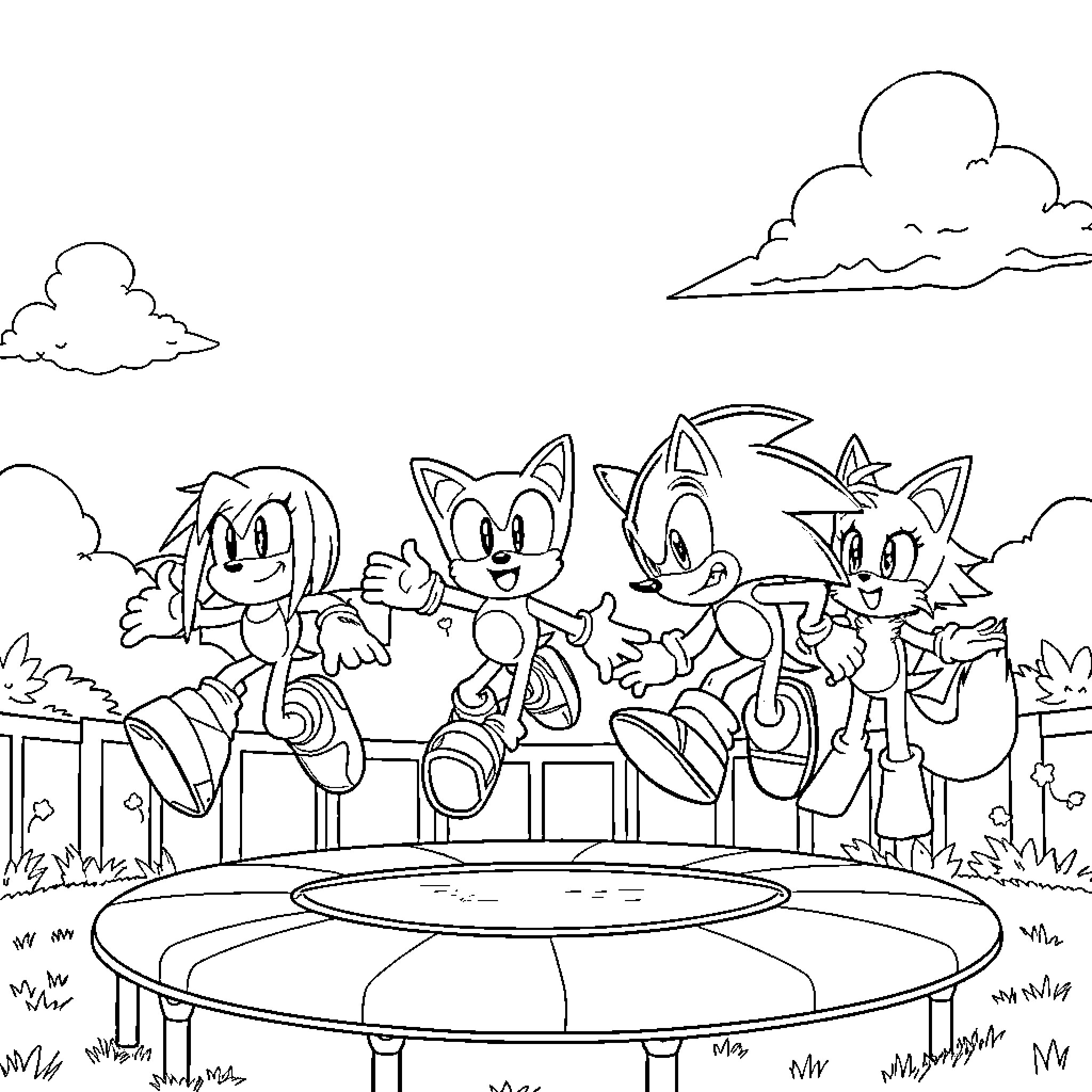 Sonic and friends enjoying a fun-filled day Coloring Page (free black-and-white line drawing printable PDF for all, from beginners to advanced learners, including children, teens, adults, and seniors)