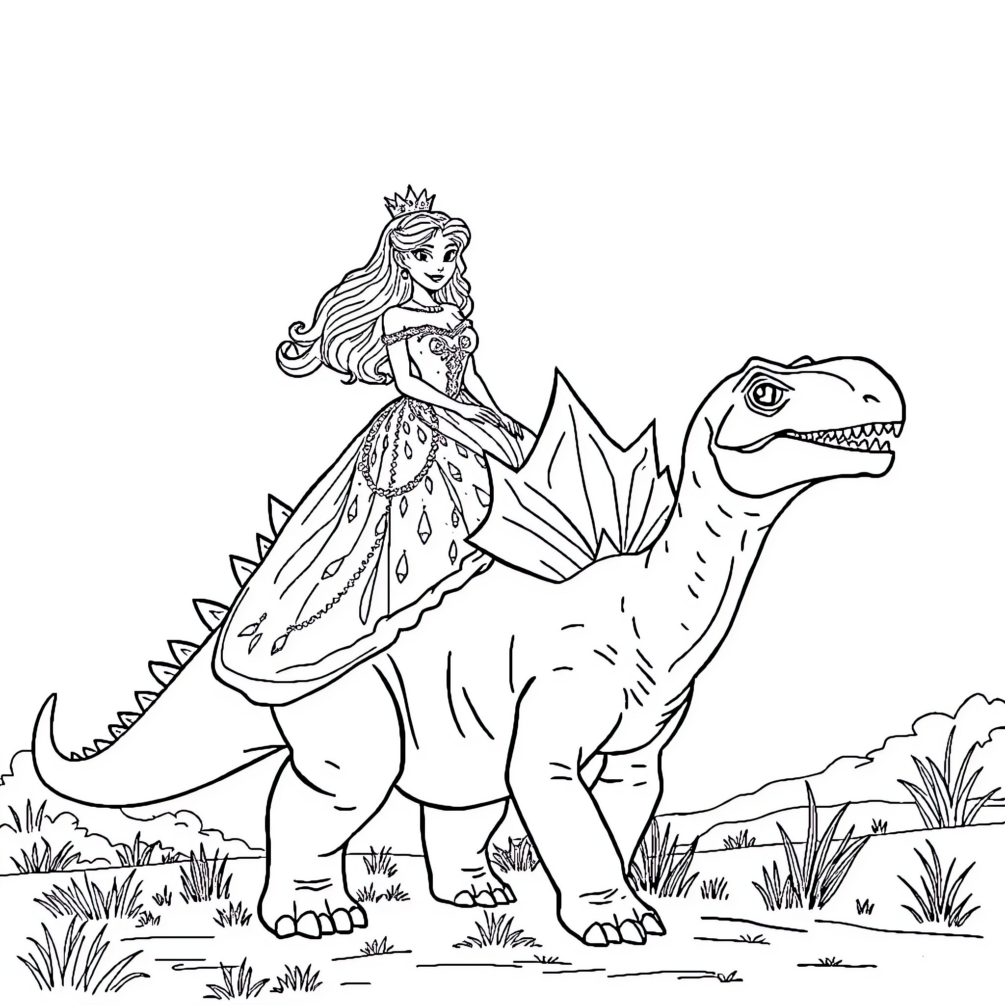 Princess Riding a Friendly Dinosaur in the Wild Coloring Page (free black-and-white line drawing printable PDF for all, from beginners to advanced learners, including children, teens, adults, and seniors)