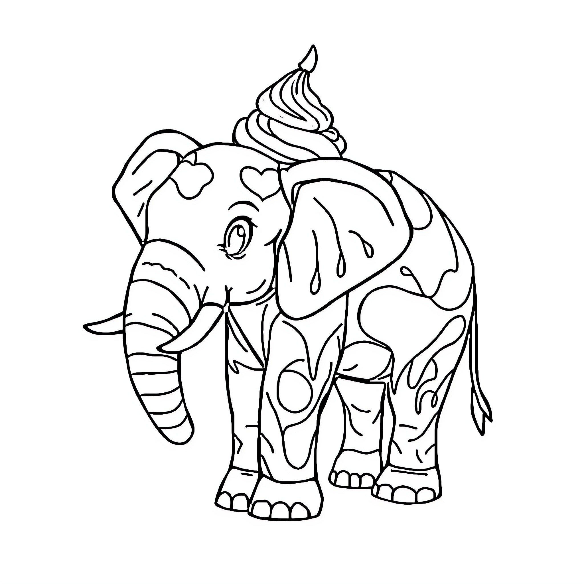 Ice Cream Elephant with Swirly Treat Coloring Page (free black-and-white line drawing printable PDF for all, from beginners to advanced learners, including children, teens, adults, and seniors)