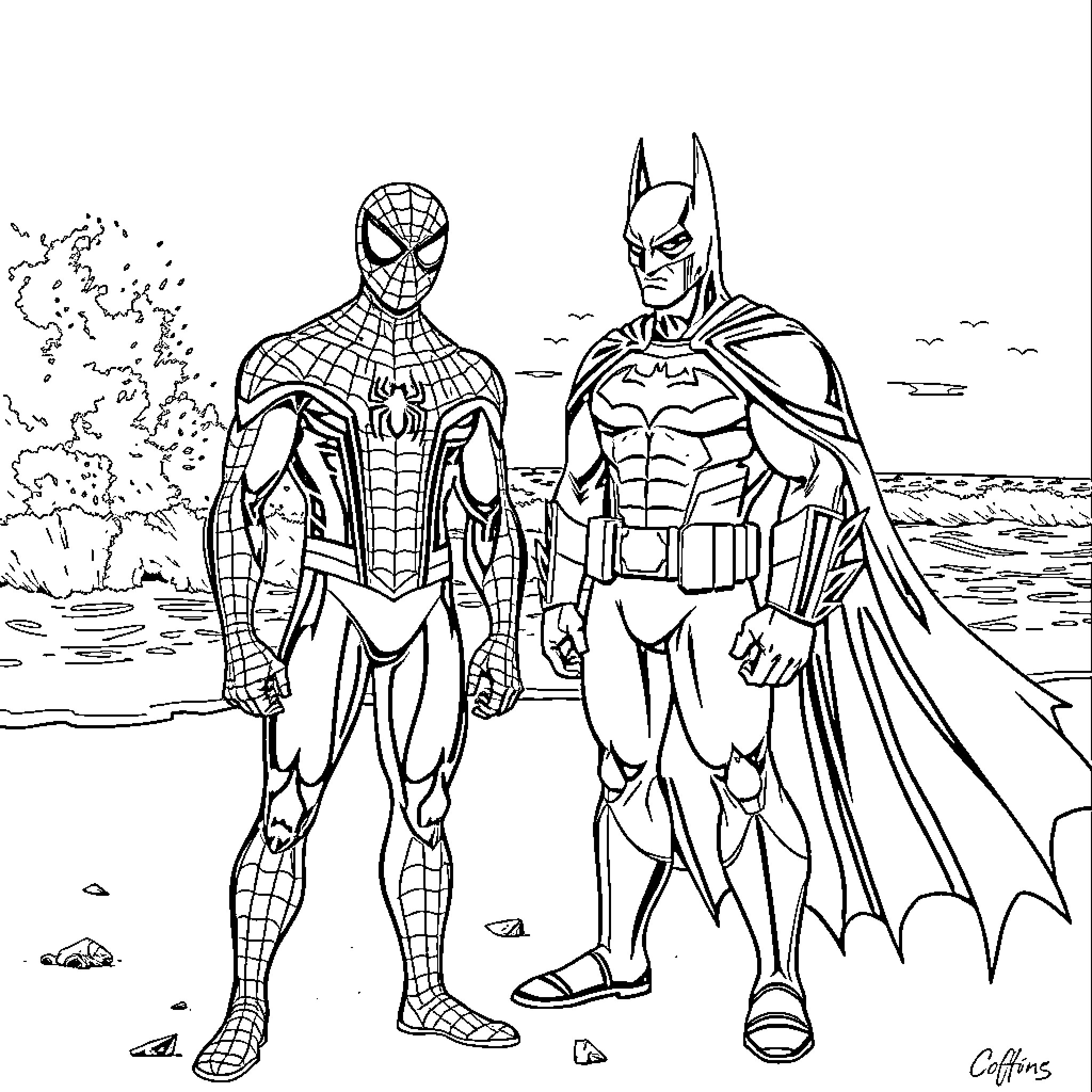 Spidey and Batman standing together on a beach Coloring Page (free black-and-white line drawing printable PDF for all, from beginners to advanced learners, including children, teens, adults, and seniors)