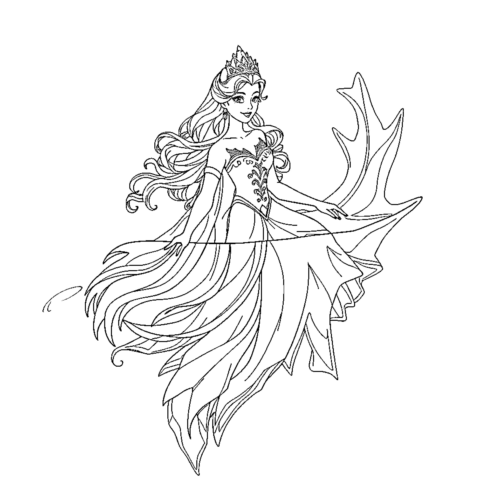 Queen Mermaid in Elegant Attire Coloring Page (free black-and-white line drawing printable PDF for all, from beginners to advanced learners, including children, teens, adults, and seniors)