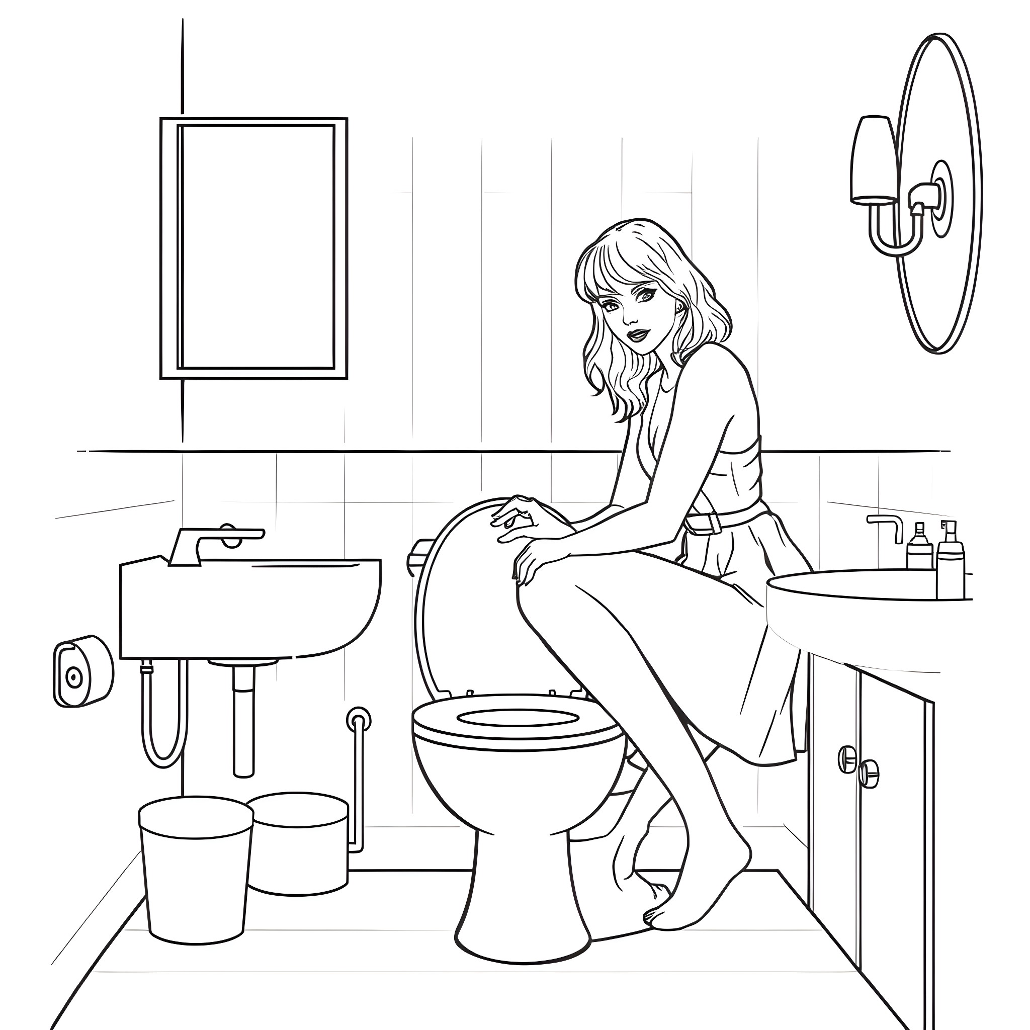 Taylor Swift sits thoughtfully in a bathroom Coloring Page (free black-and-white line drawing printable PDF for all, from beginners to advanced learners, including children, teens, adults, and seniors)