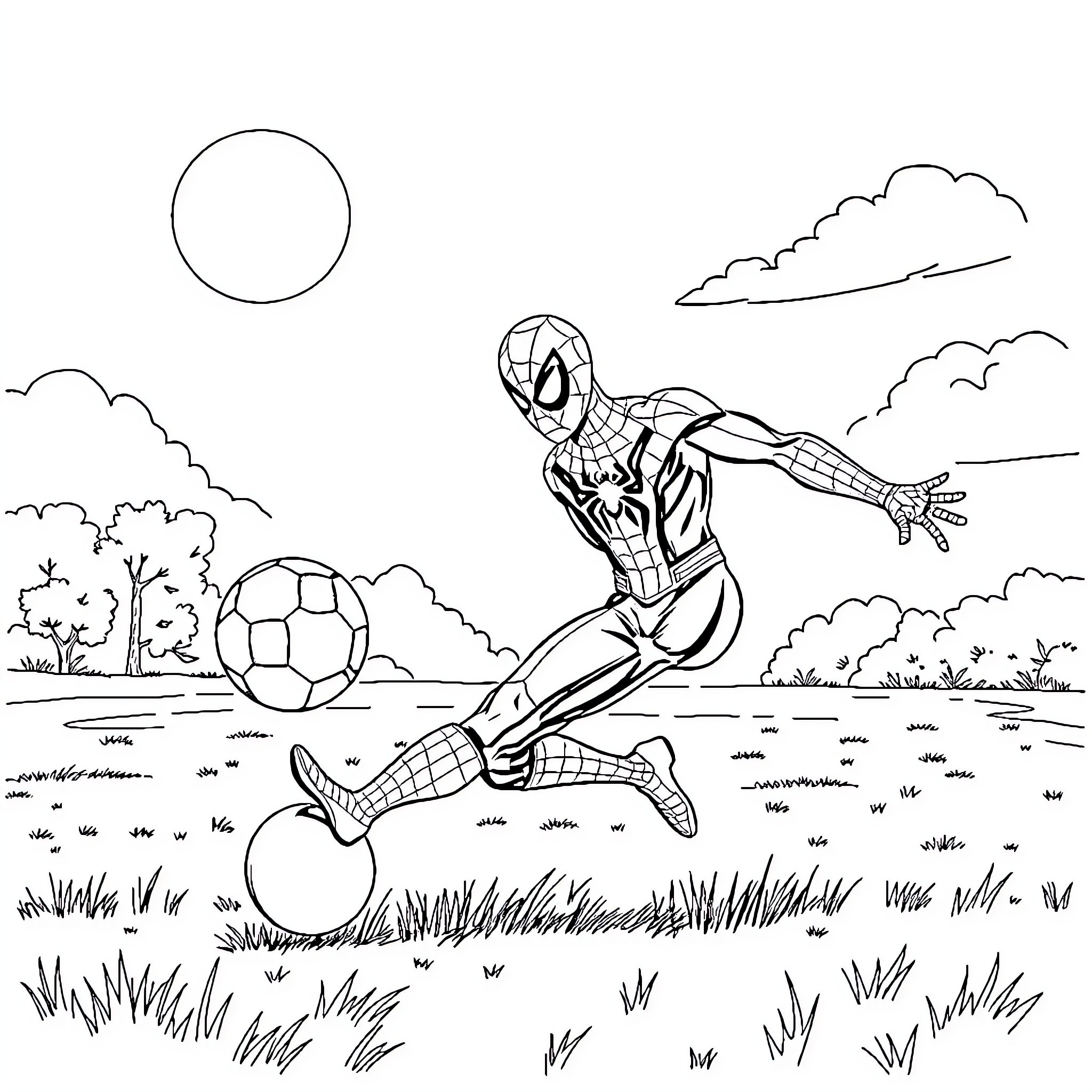Spiderman playing soccer in an outdoor setting Coloring Page (free black-and-white line drawing printable PDF for all, from beginners to advanced learners, including children, teens, adults, and seniors)