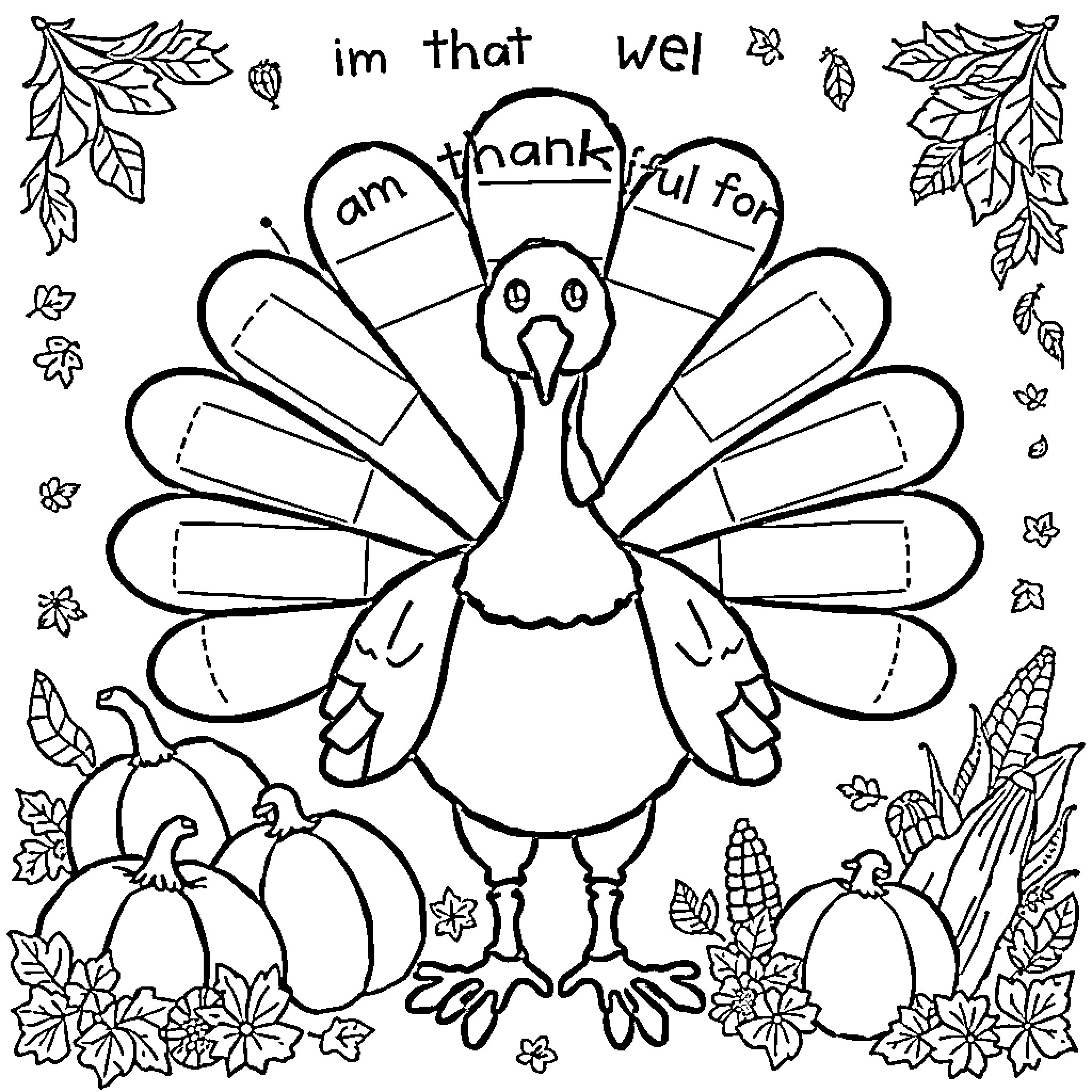 Turkey in thankful scene with leaves and pumpkins Coloring Page (free black-and-white line drawing printable PDF for all, from beginners to advanced learners, including children, teens, adults, and seniors)